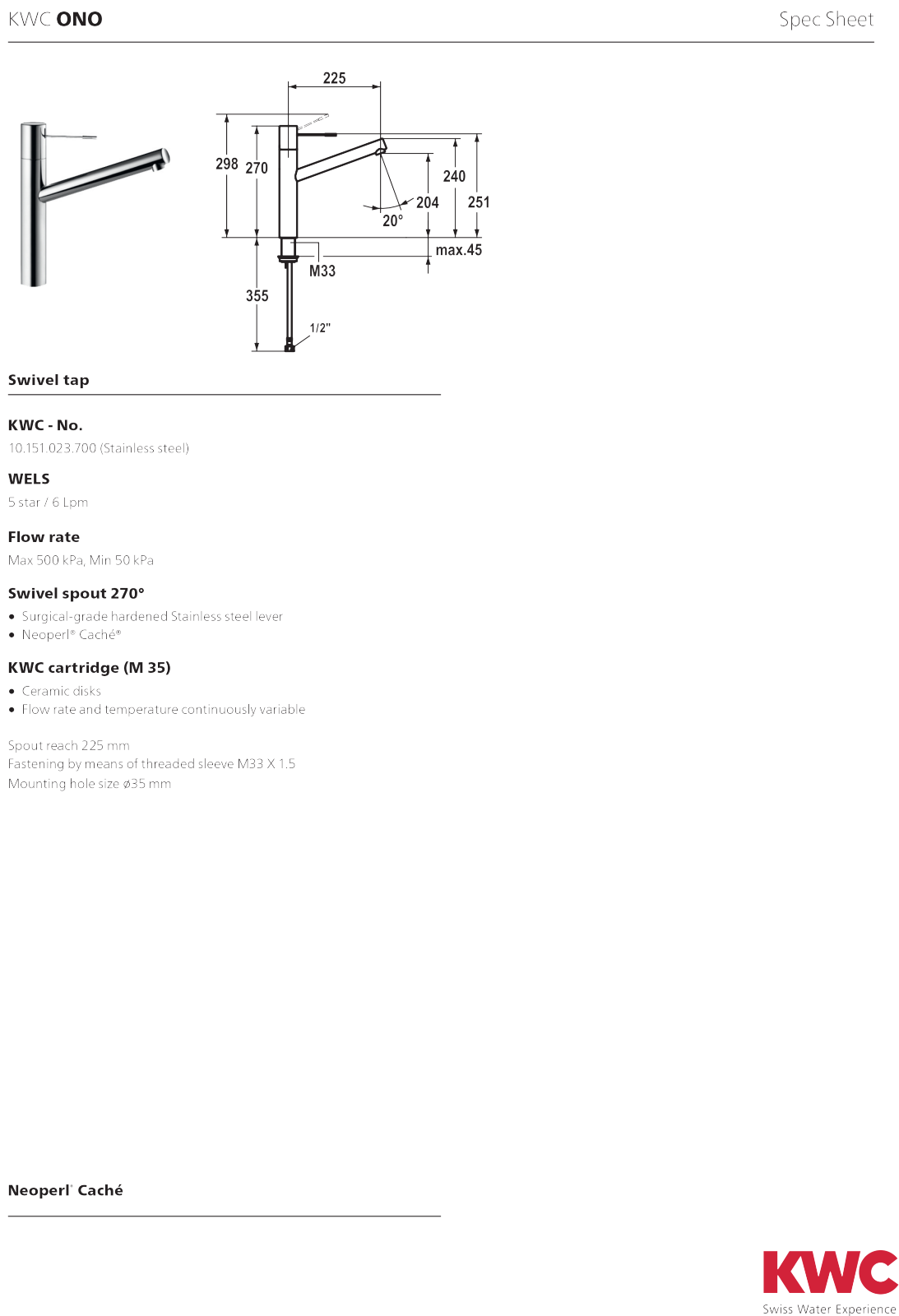 KWC 10151023700 Specifications Sheet