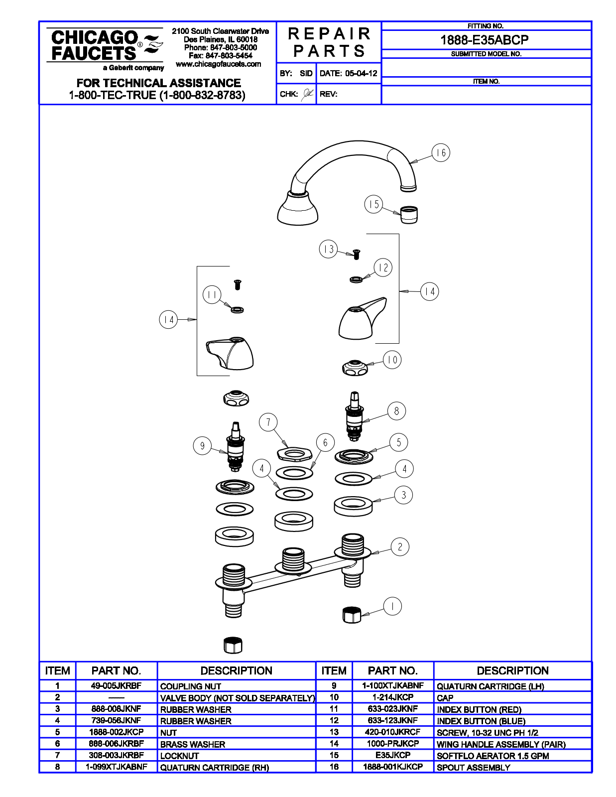 Chicago Faucet 1888-E35AB Parts List