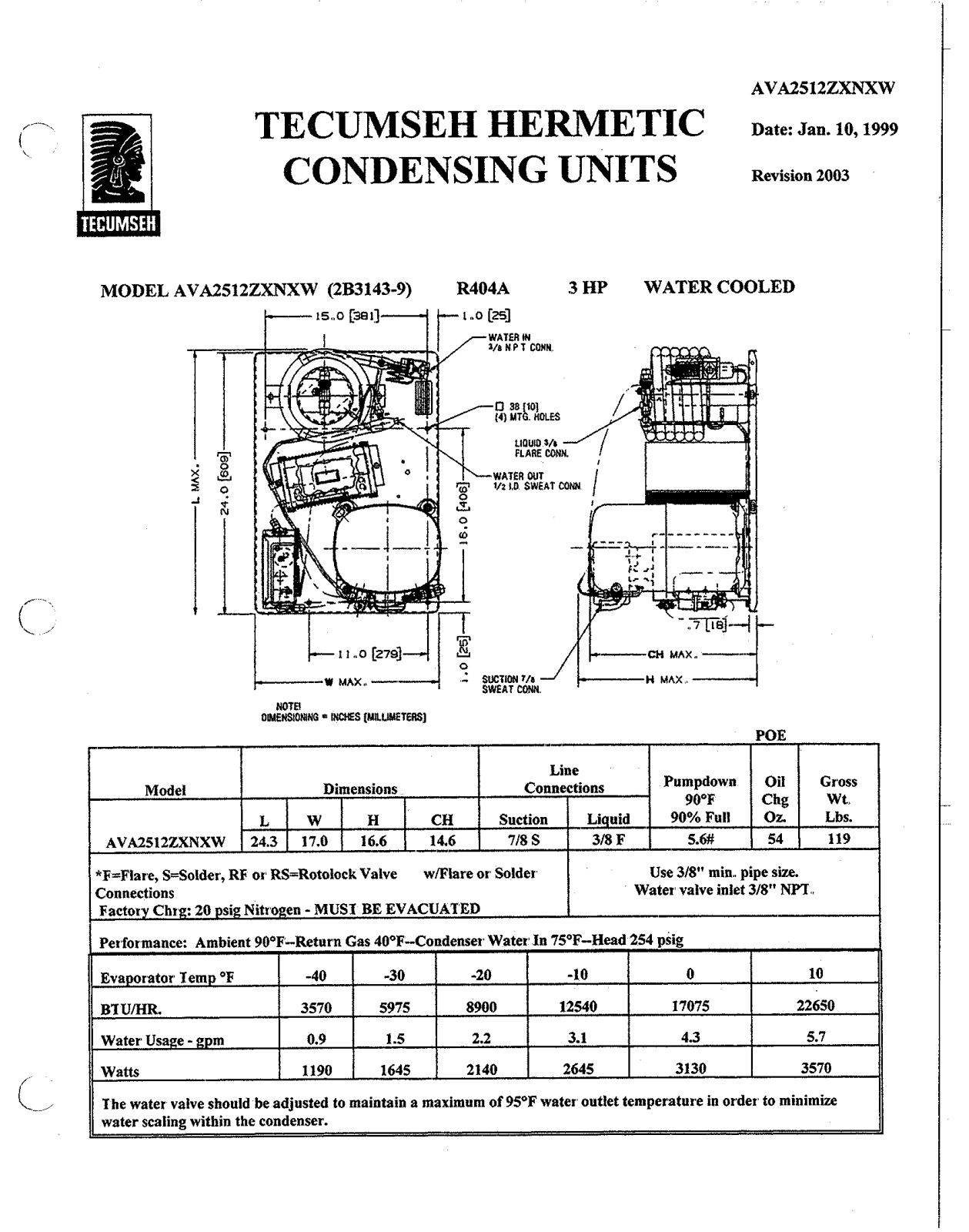 Tecumseh AVA2512ZXNXW Performance Data Sheet