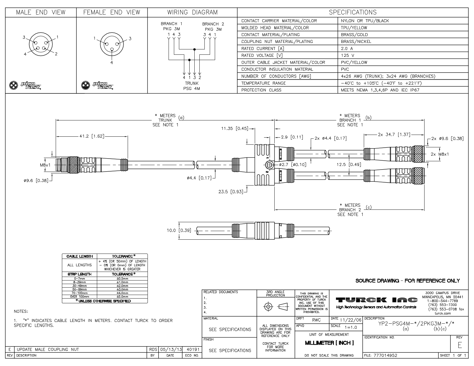 Turck YP2-PSG4M-0.2/2PKG3M-0.13 Specification Sheet