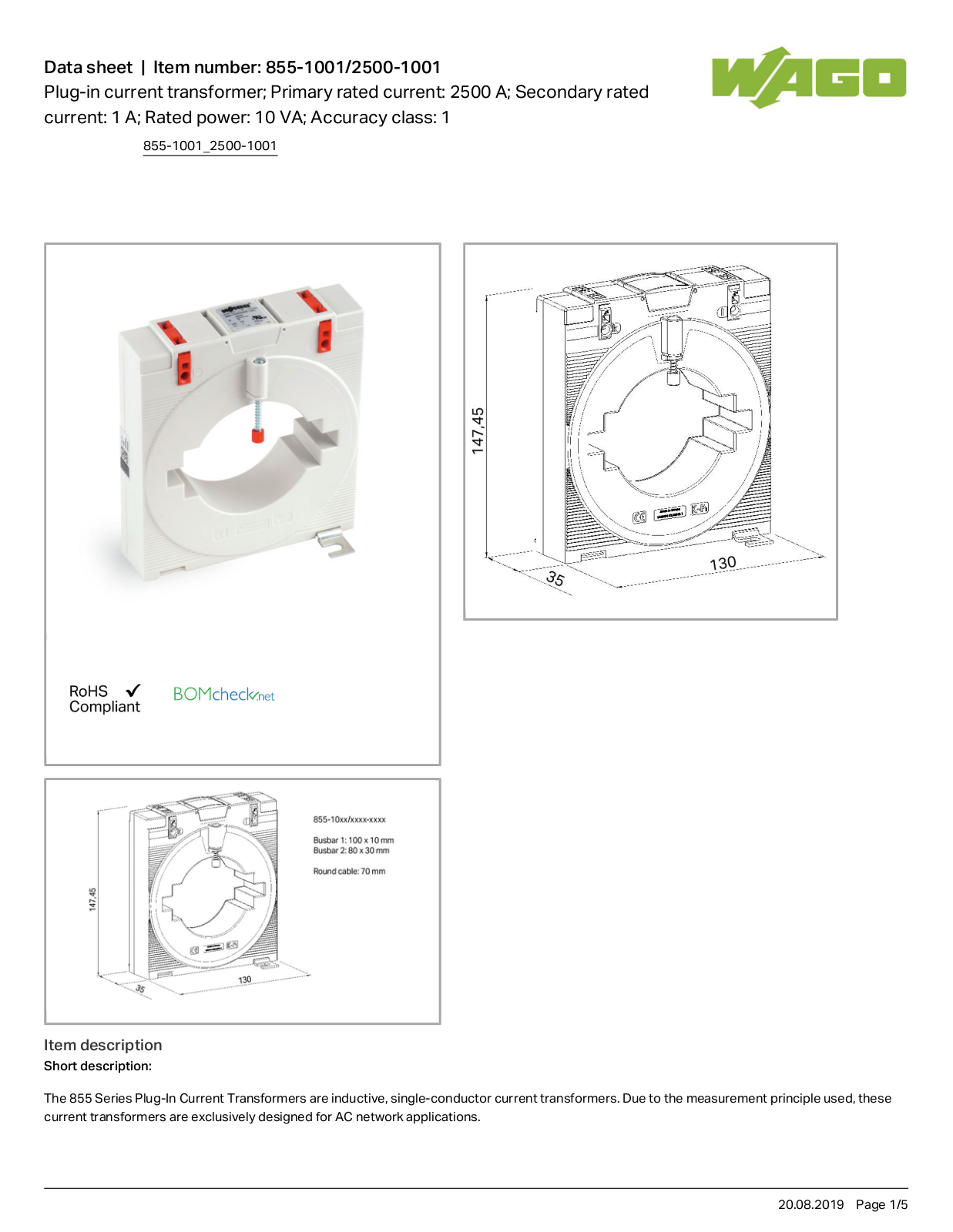 Wago 855-1001/2500-1001 Data Sheet