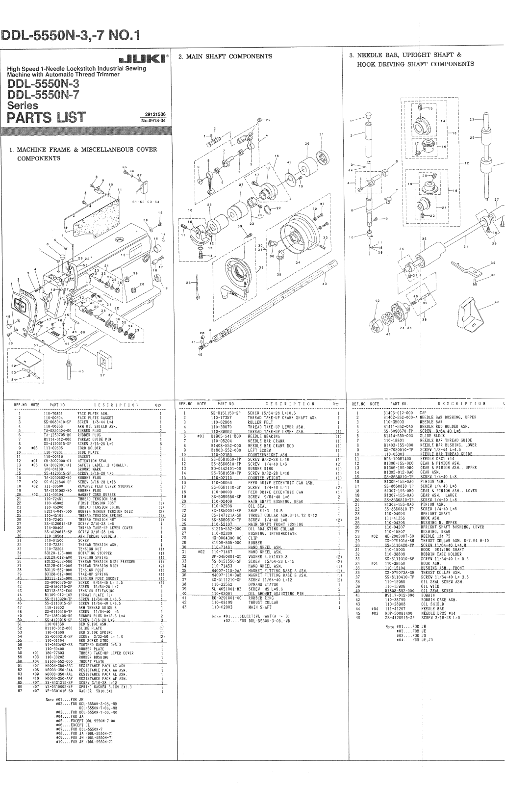 Juki DDL-5550N-3, DDL-5550N-7 Parts List