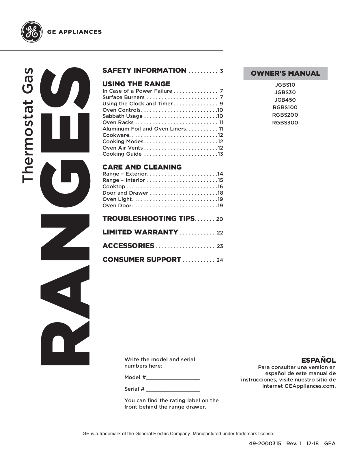 GE JGBS30DEK2BB Owner’s Manual