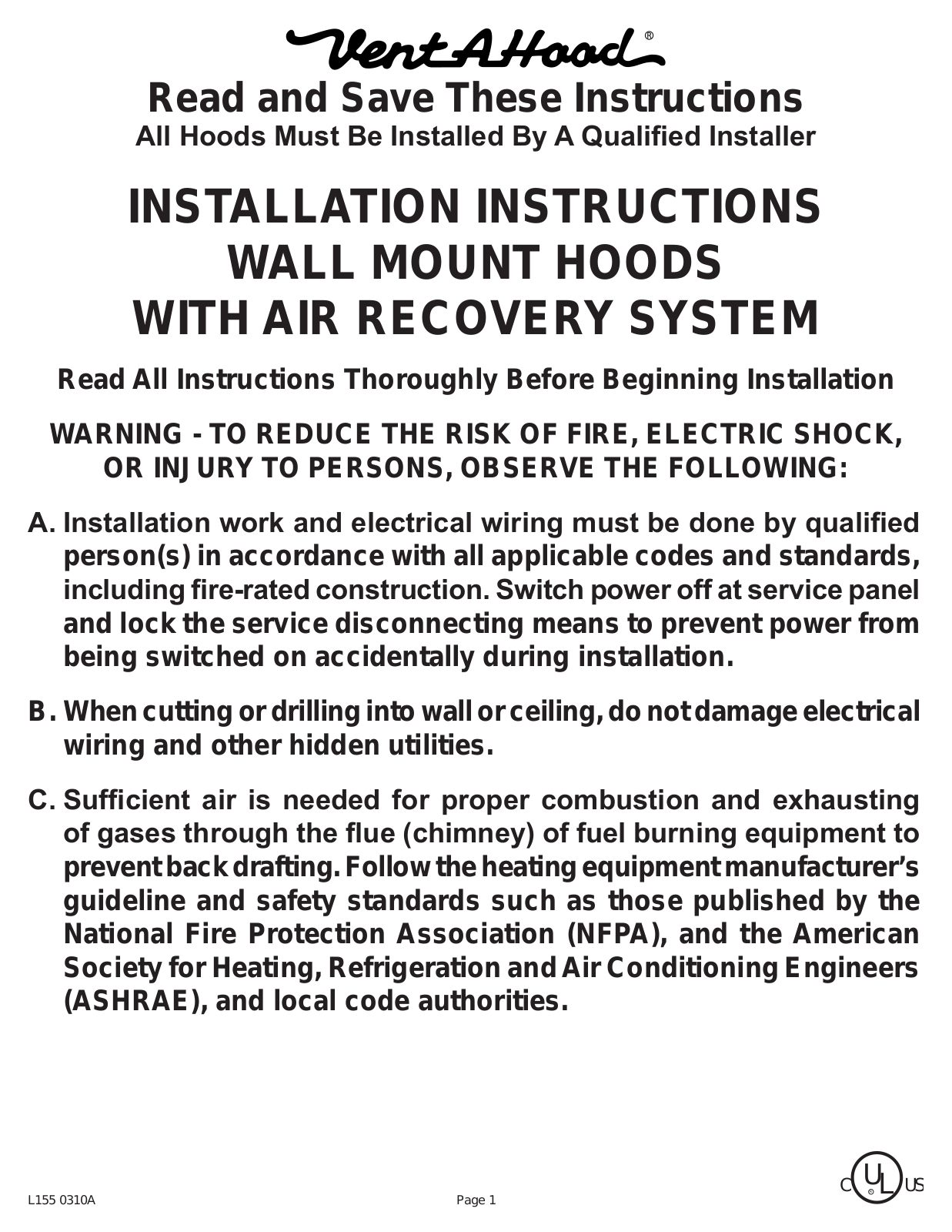 Vent-A-Hood PDAH14K36SS, CWEAH6K48SS, PDAH14K42SS, PDAH14K30SS, PDAH14K48SS Installation Manual