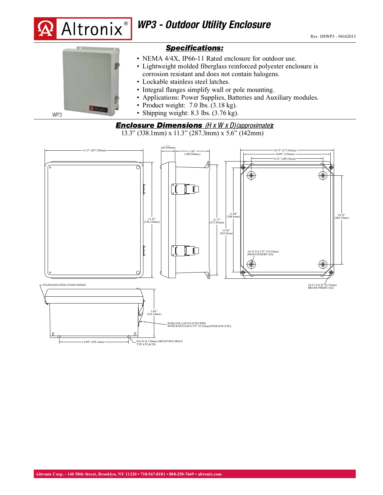 Altronix WP3 Data Sheet