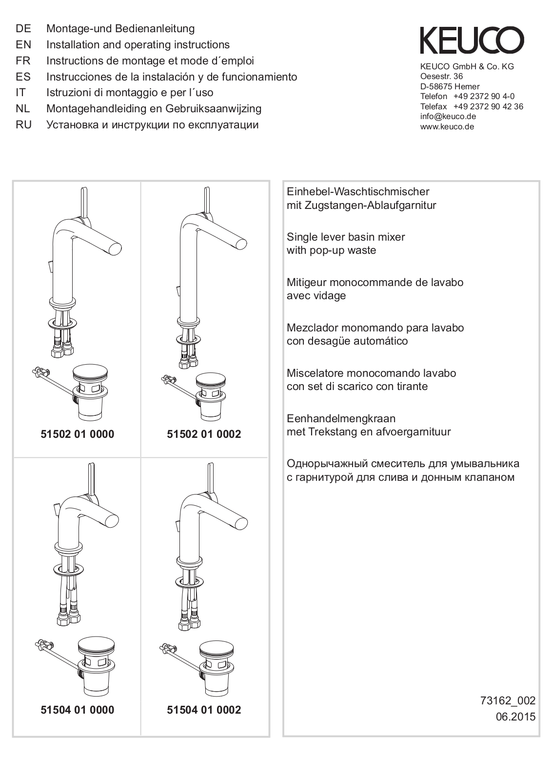 KEUCO 51502 01 0000, 51504 01 0000, 51504 01 0002, 51502 01 0002, 53905 01 0000 Installation And Operating Instructions Manual