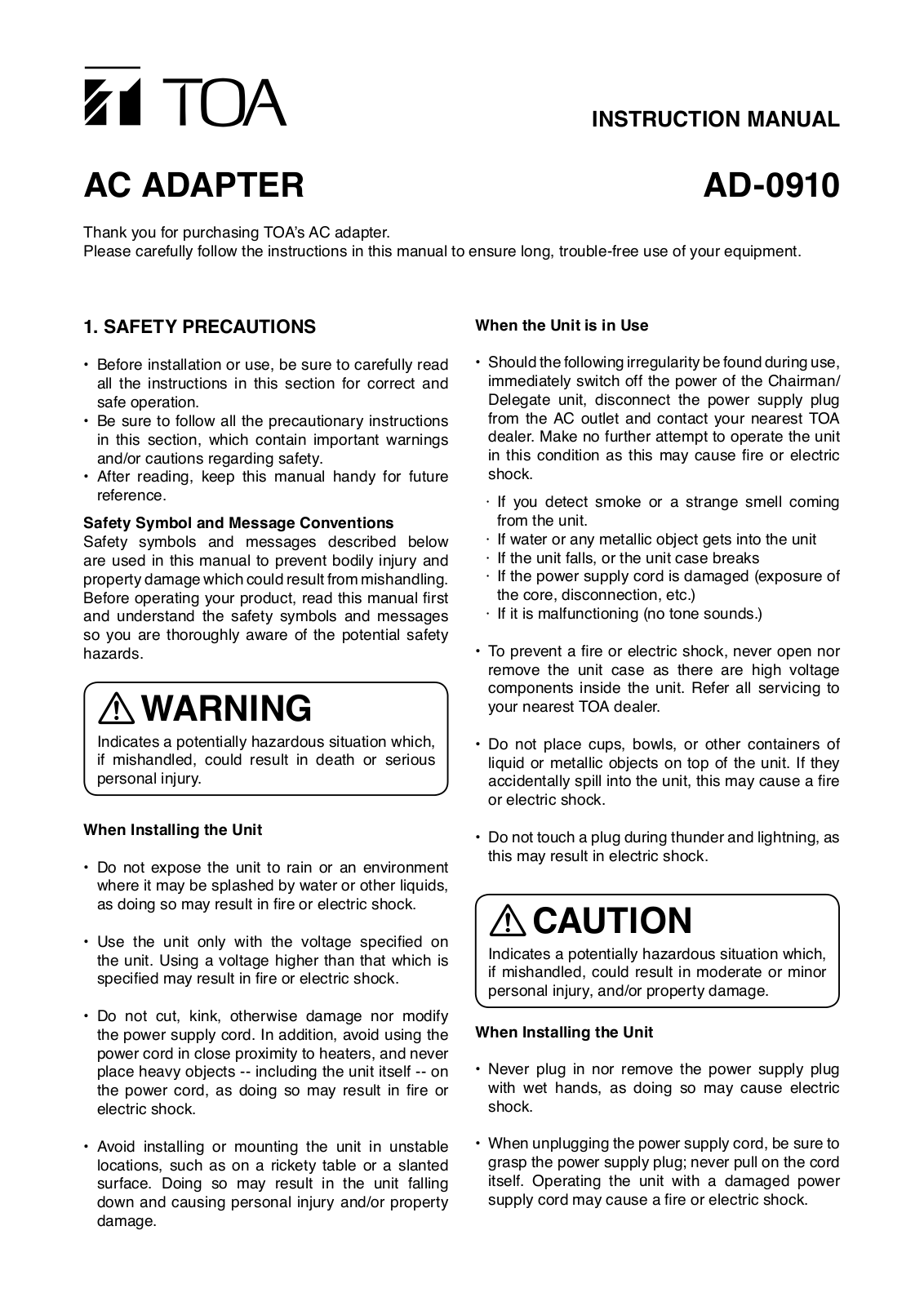 TOA AD-0910 UL User Manual