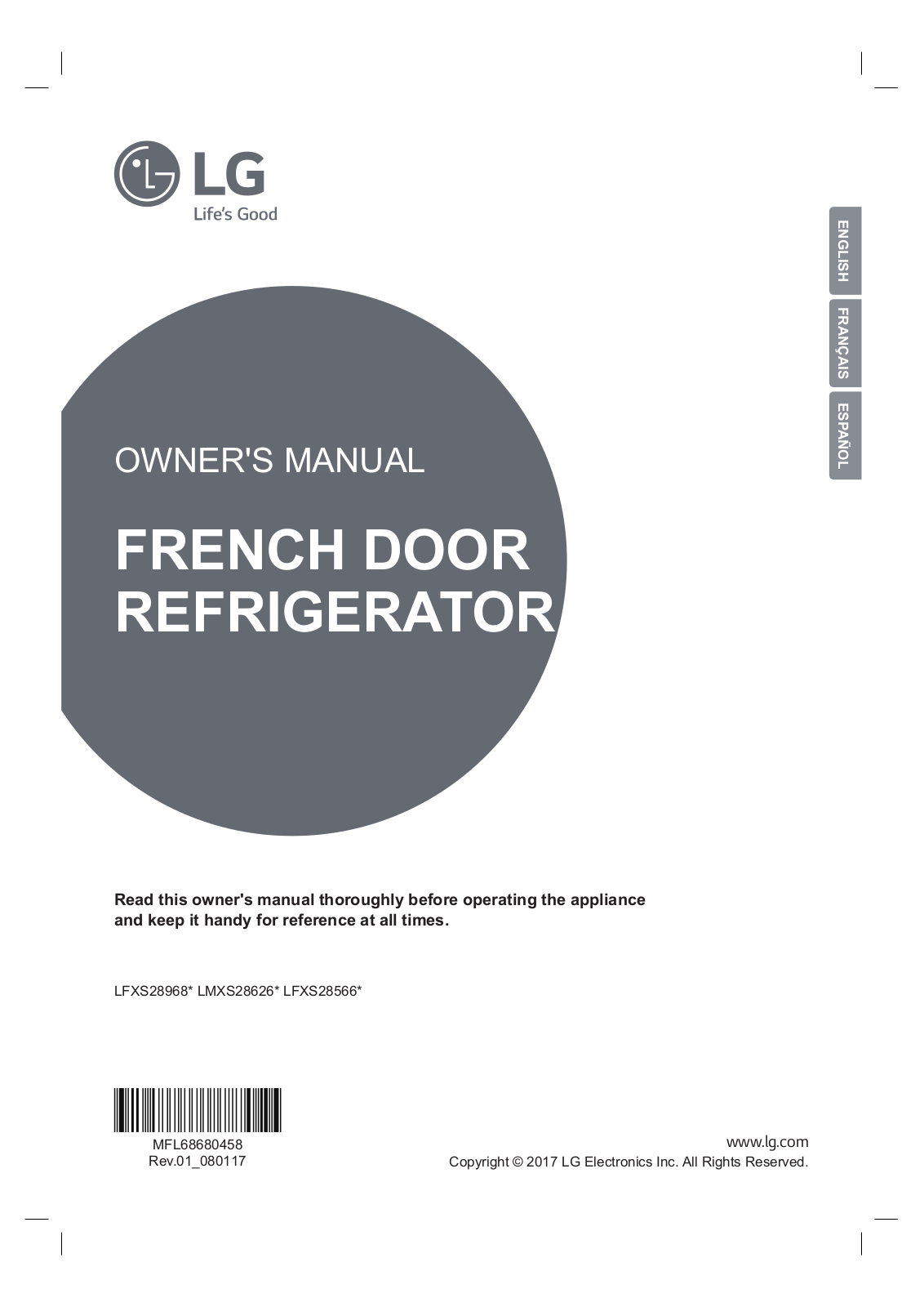 LG LFXS28566M, LFXS28566S INSTALLATION INSTRUCTIONS AND OPERATION MANUAL