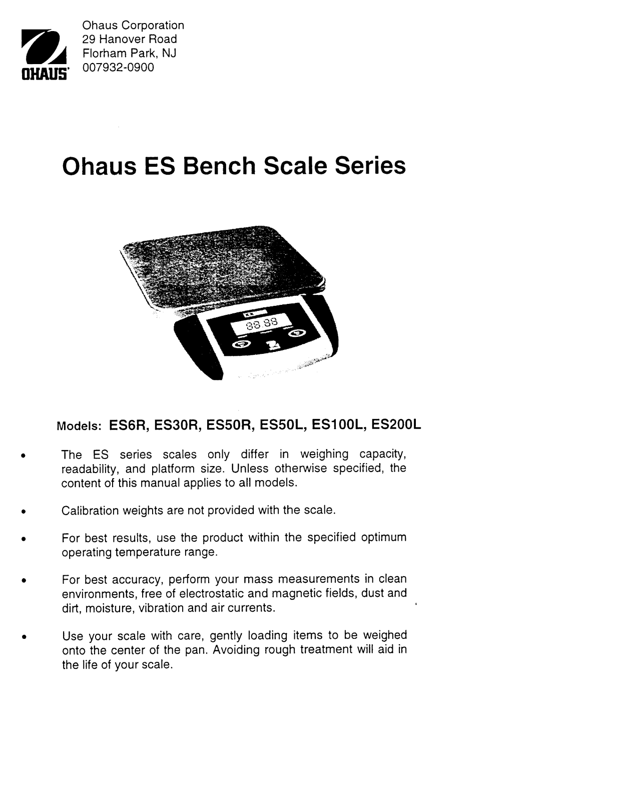 Ohaus ES50L, ES50R-3E0, ES50R, ES50L-3E0, ES200L Instruction Manual
