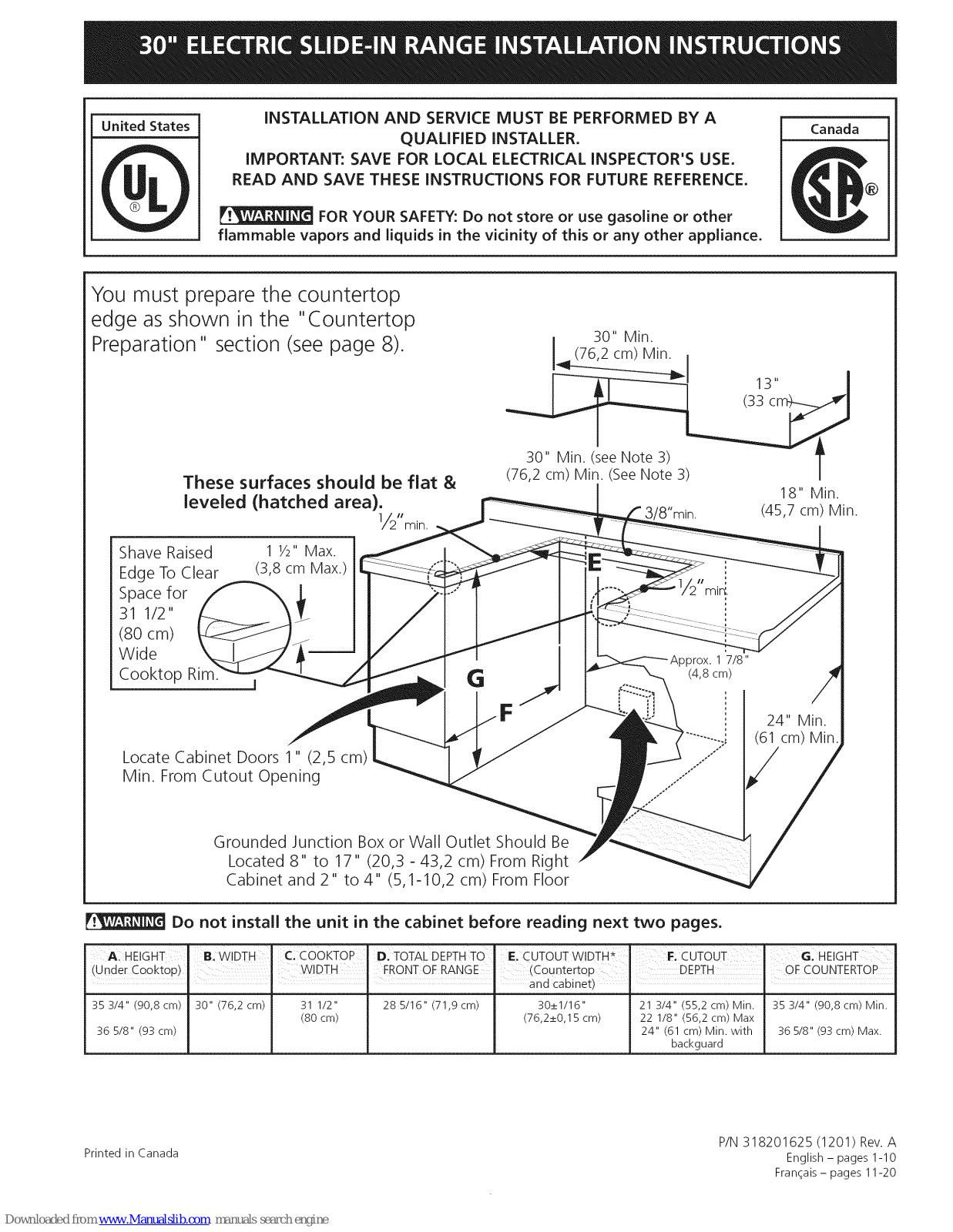 Frigidaire FGES3065KBF, FGES3065KWF, FGES3045 Installation Instructions Manual - ManualMachine.com