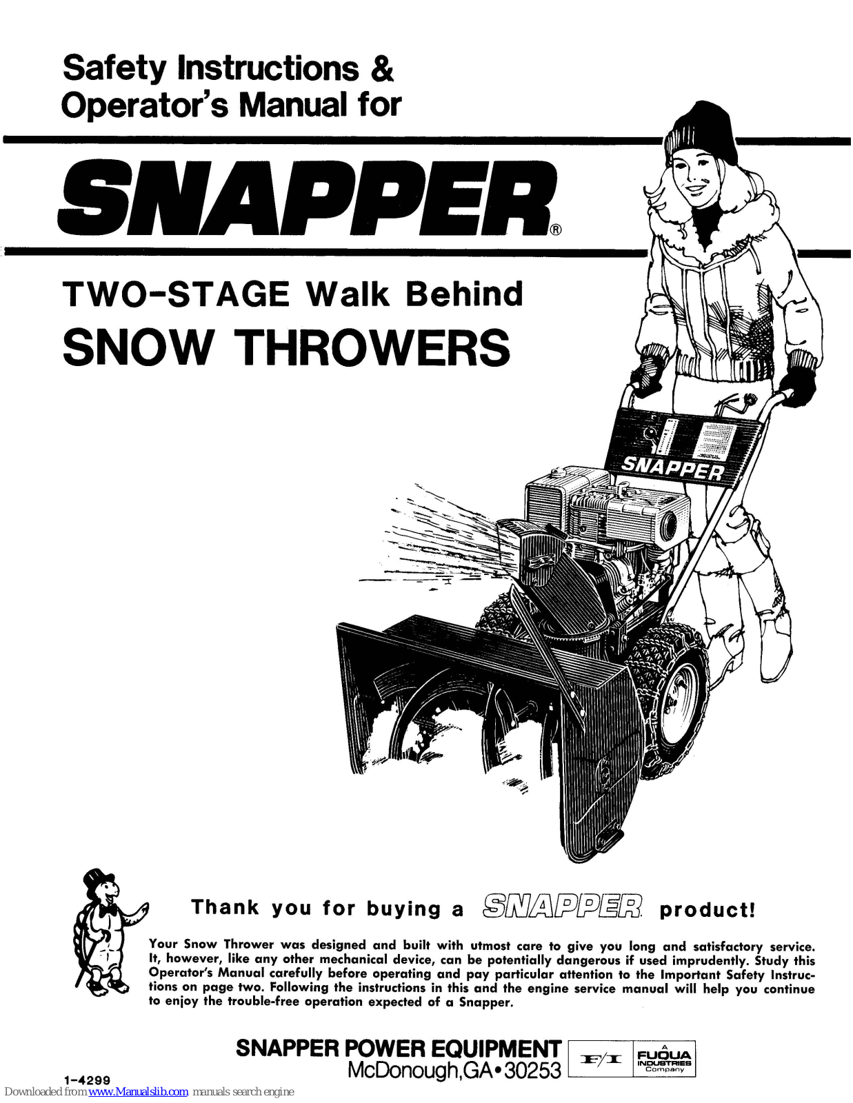 Snapper 1-4299,5230,8230,8260,10300 Safety Instructions & Operator's Manual