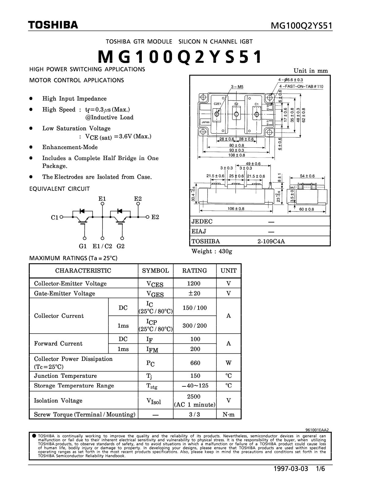 Toshiba MG100Q2YS51 Datasheet