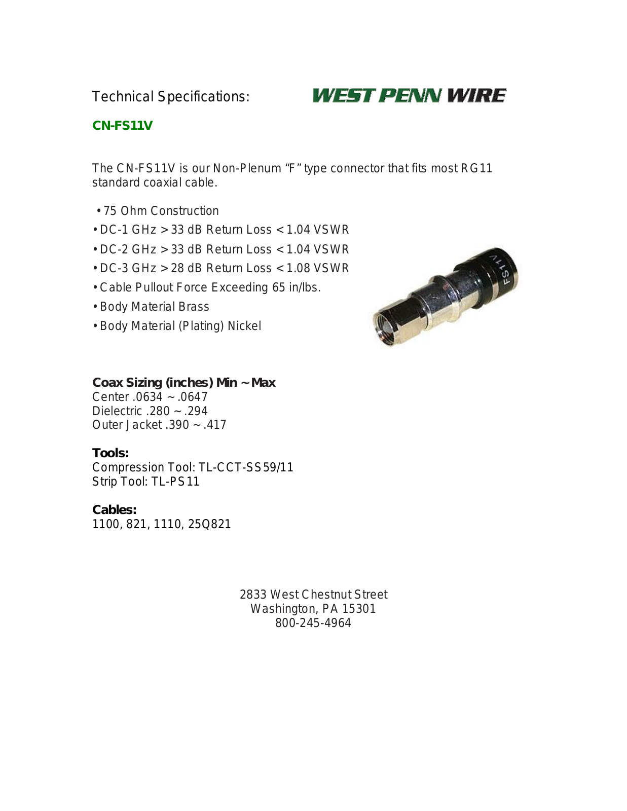 West Penn CN-FS11V Specsheet