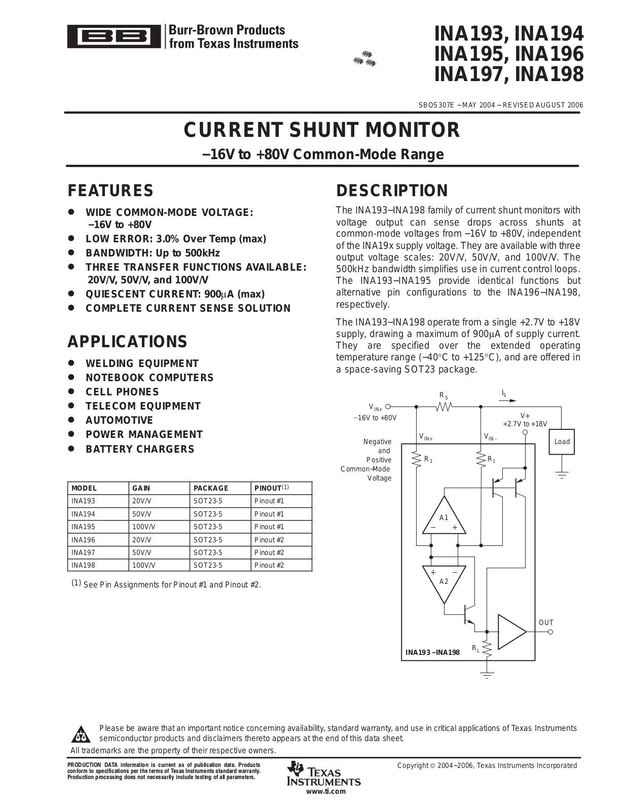 TEXAS INSTRUMENTS INA193 Technical data