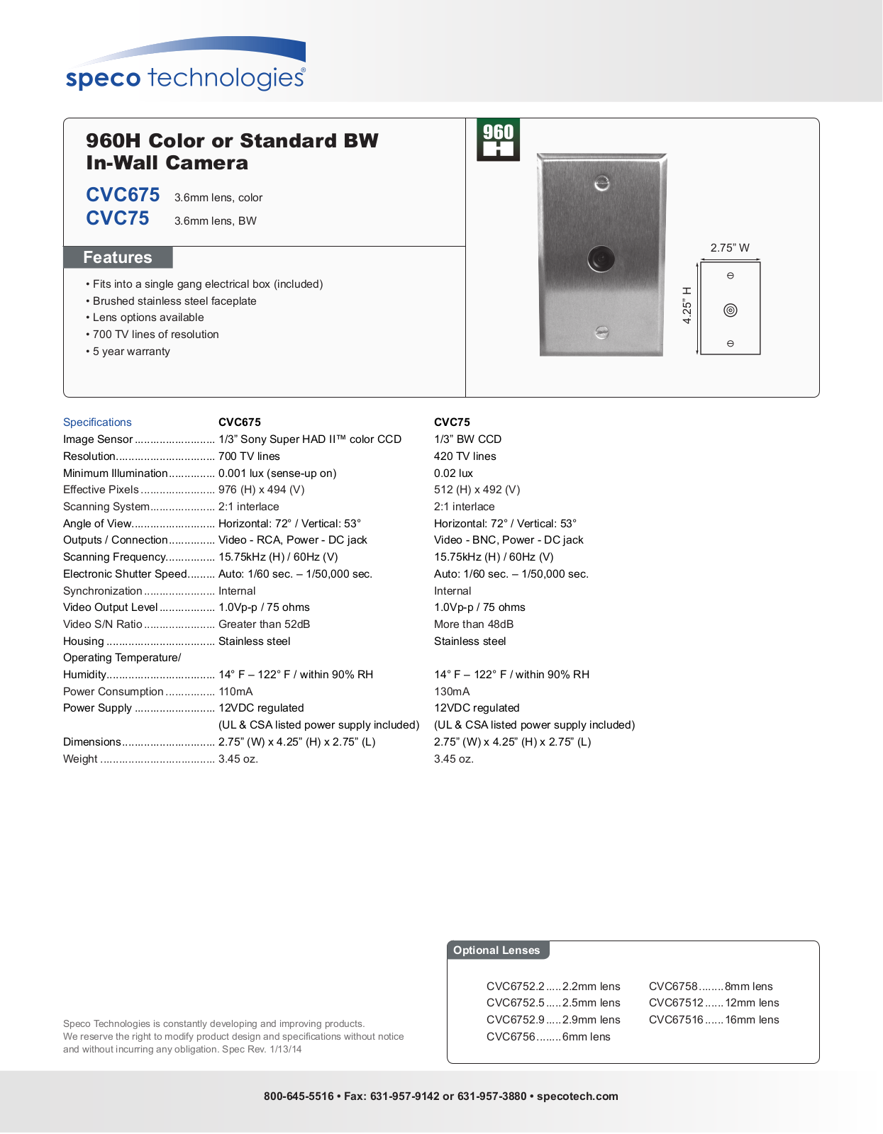 Speco CVC67512, CVC6752-9, CVC6756, CVC6758 Specsheet