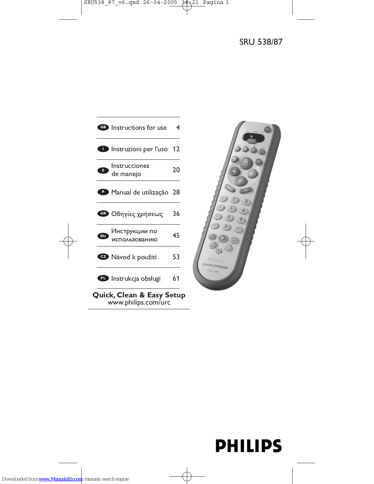 Philips SRU 538/87, SRU 538 Instructions For Use Manual