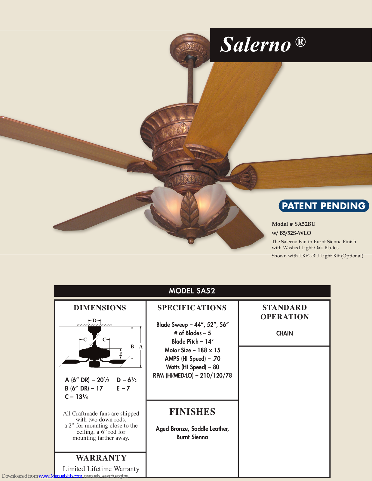 Craftmade Salerno SA52, Salerno SA52BU Specifications - ManualMachine.com