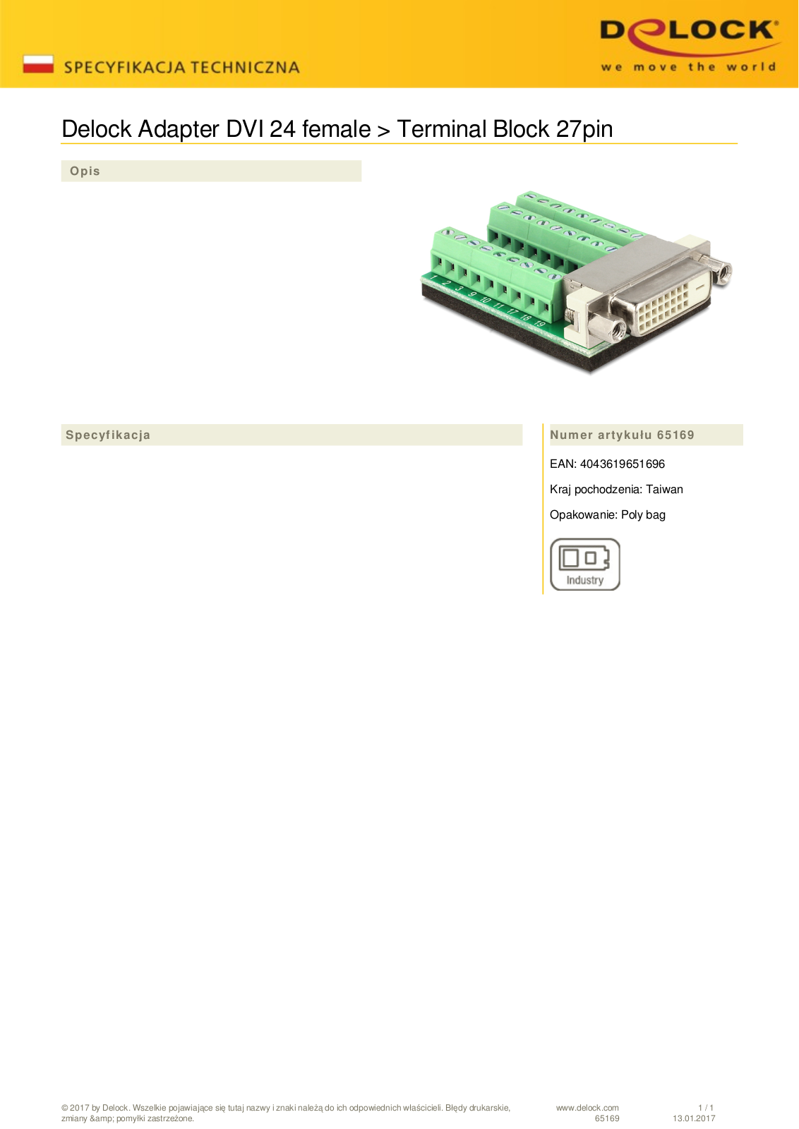 DeLOCK DVI  socket  on 27-Pin-Terminalblock adapter User Manual