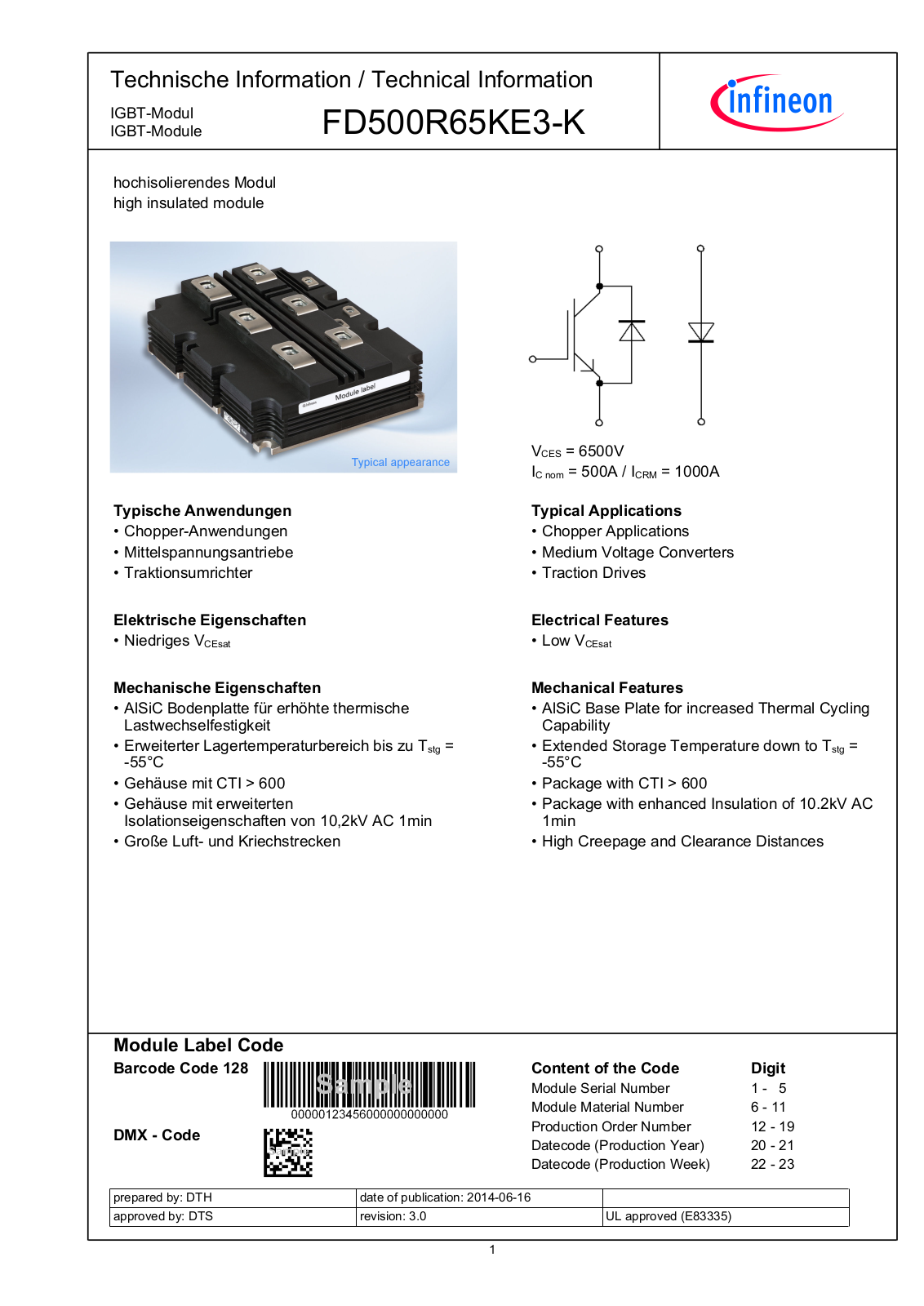 Infineon FD500R65KE3-K Data Sheet