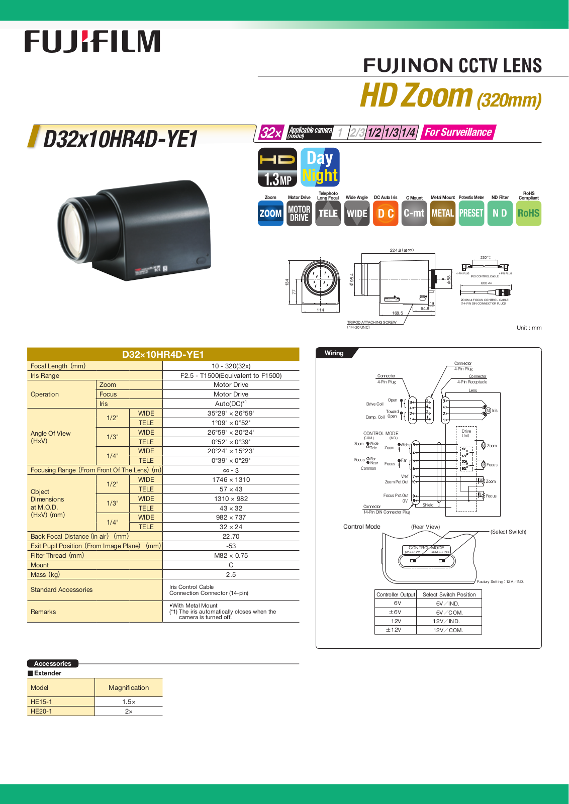 Fujinon D32x10HR4D-YE1 Specsheet