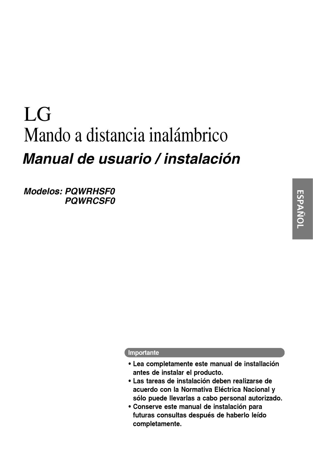 Lg PQWRHSF0, PQWRCSF0 Installation and user Manual