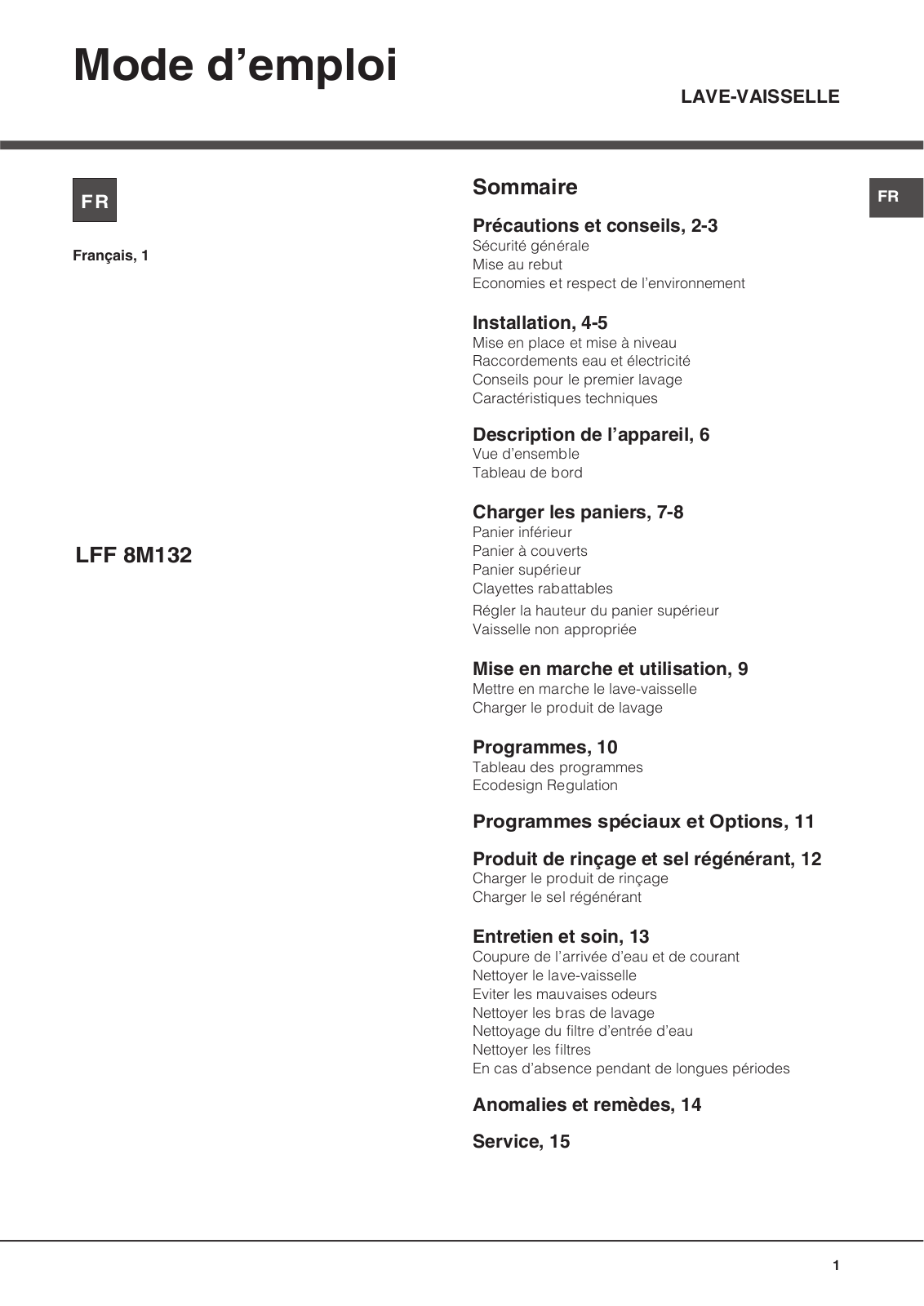 HOTPOINT LFF 8M132 FR, LFF 8M132 X FR User Manual