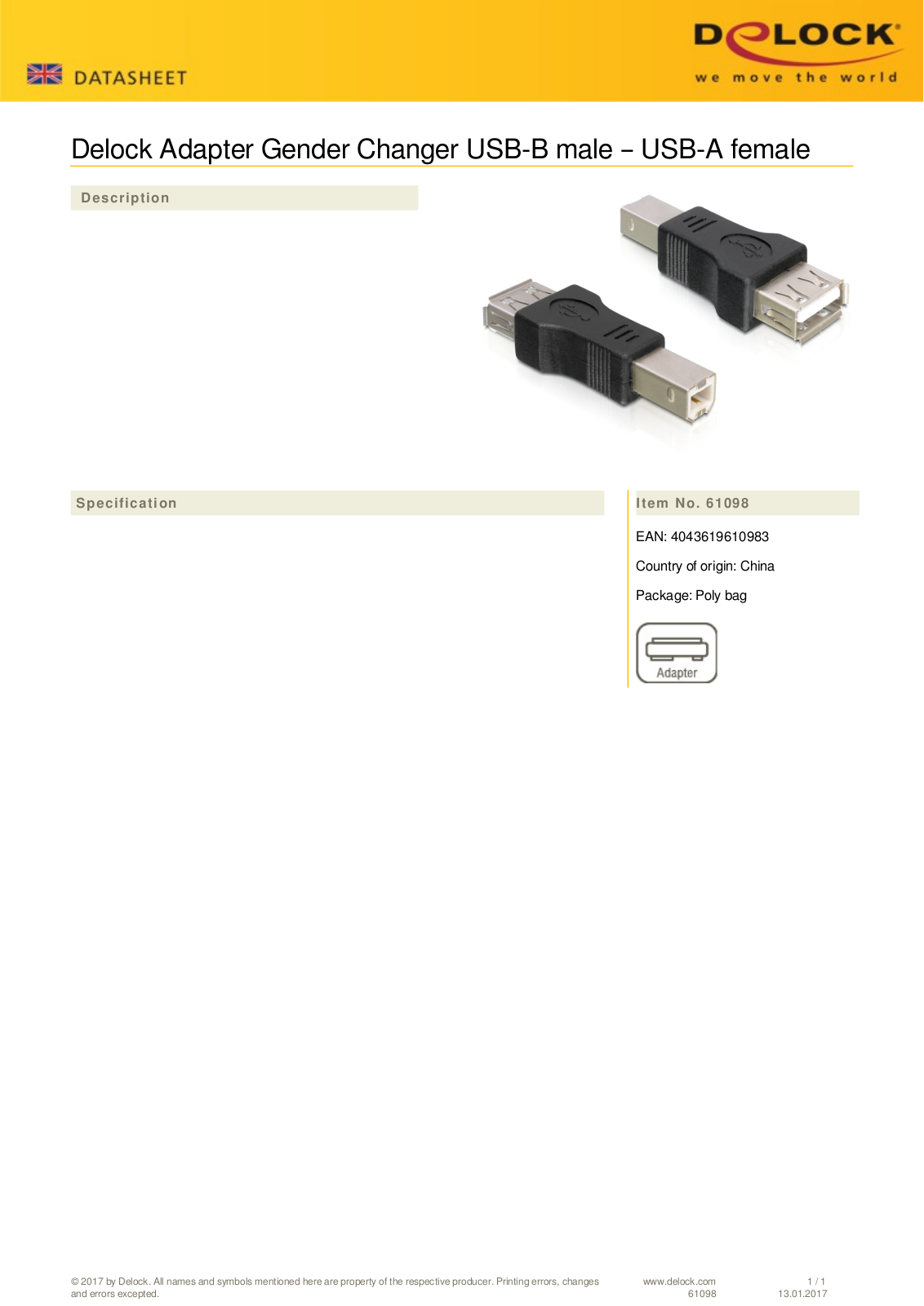 DeLOCK USB 2.0 Adapter, USB-B  Buchse  auf USB-A  Stecker User Manual