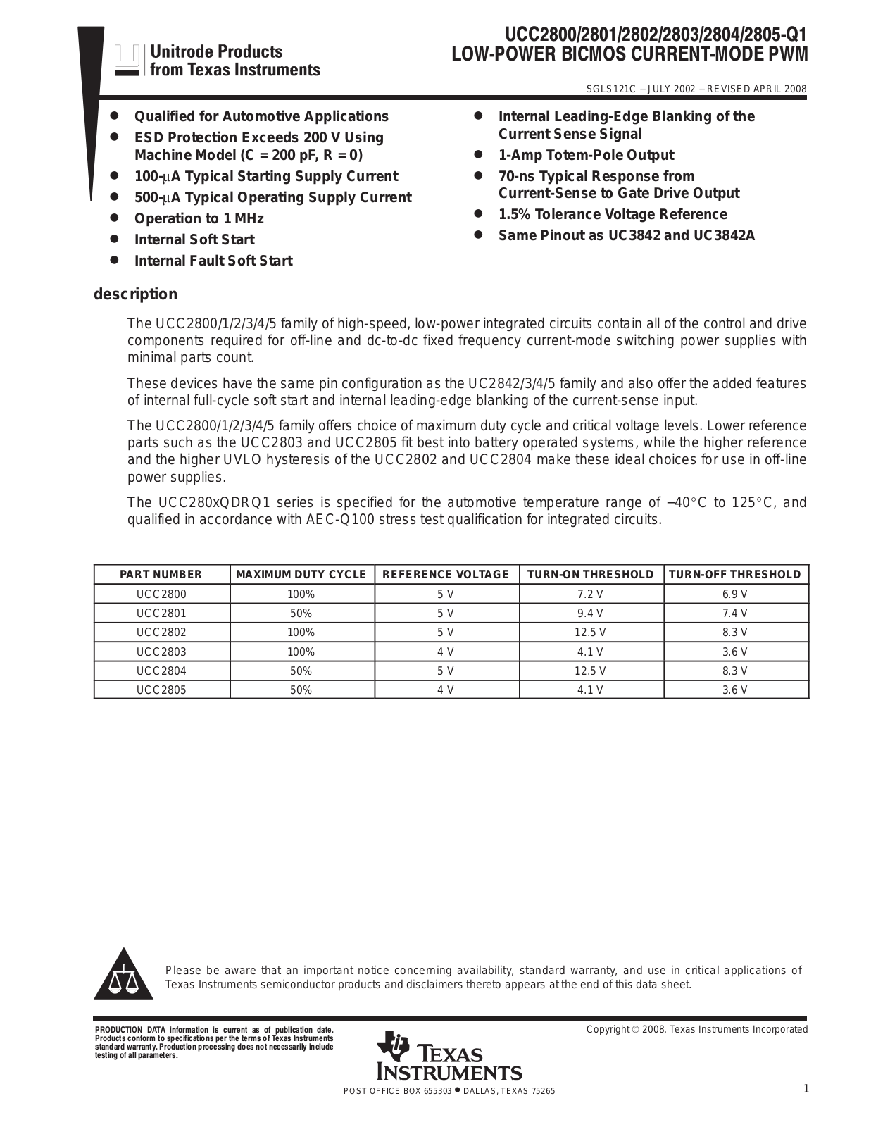 TEXAS INSTRUMENTS UCC2800, UCC2801, UCC2802, UCC2803, UCC2804 Technical data