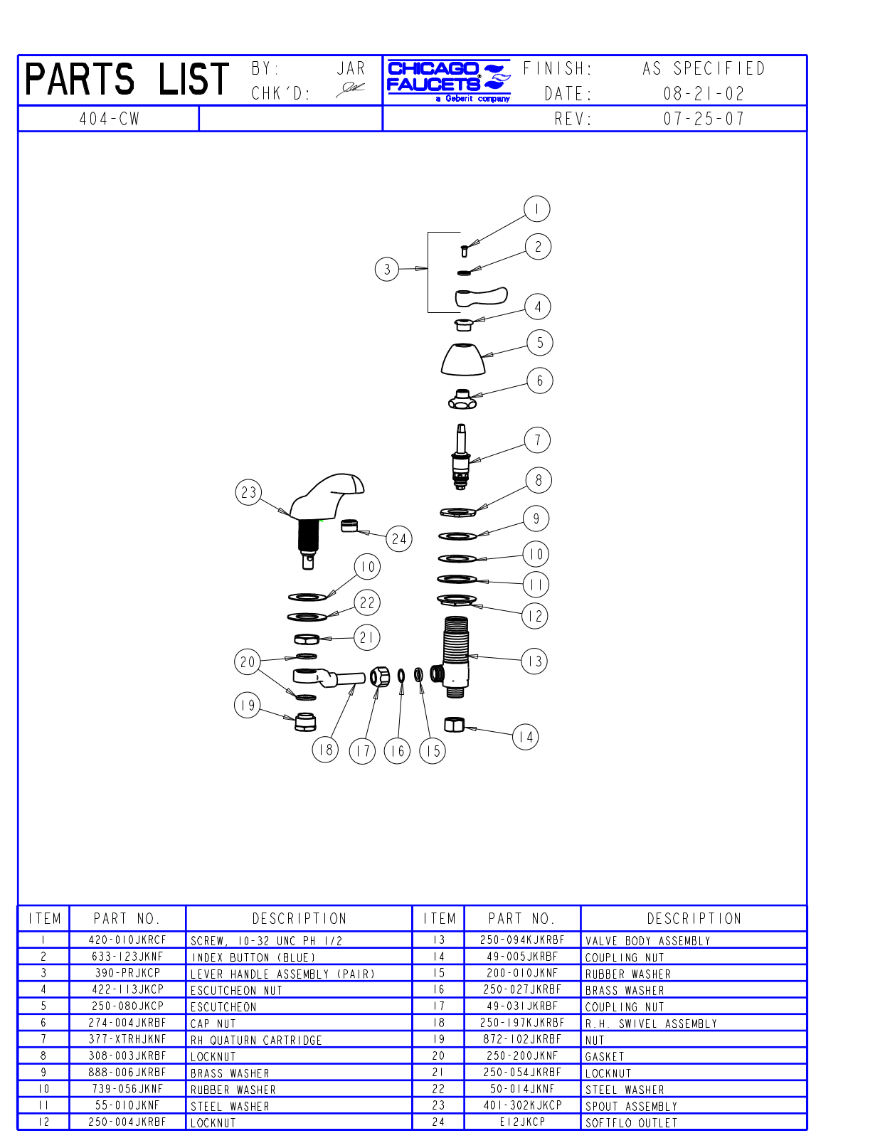 Chicago Faucet 404-CW Parts List