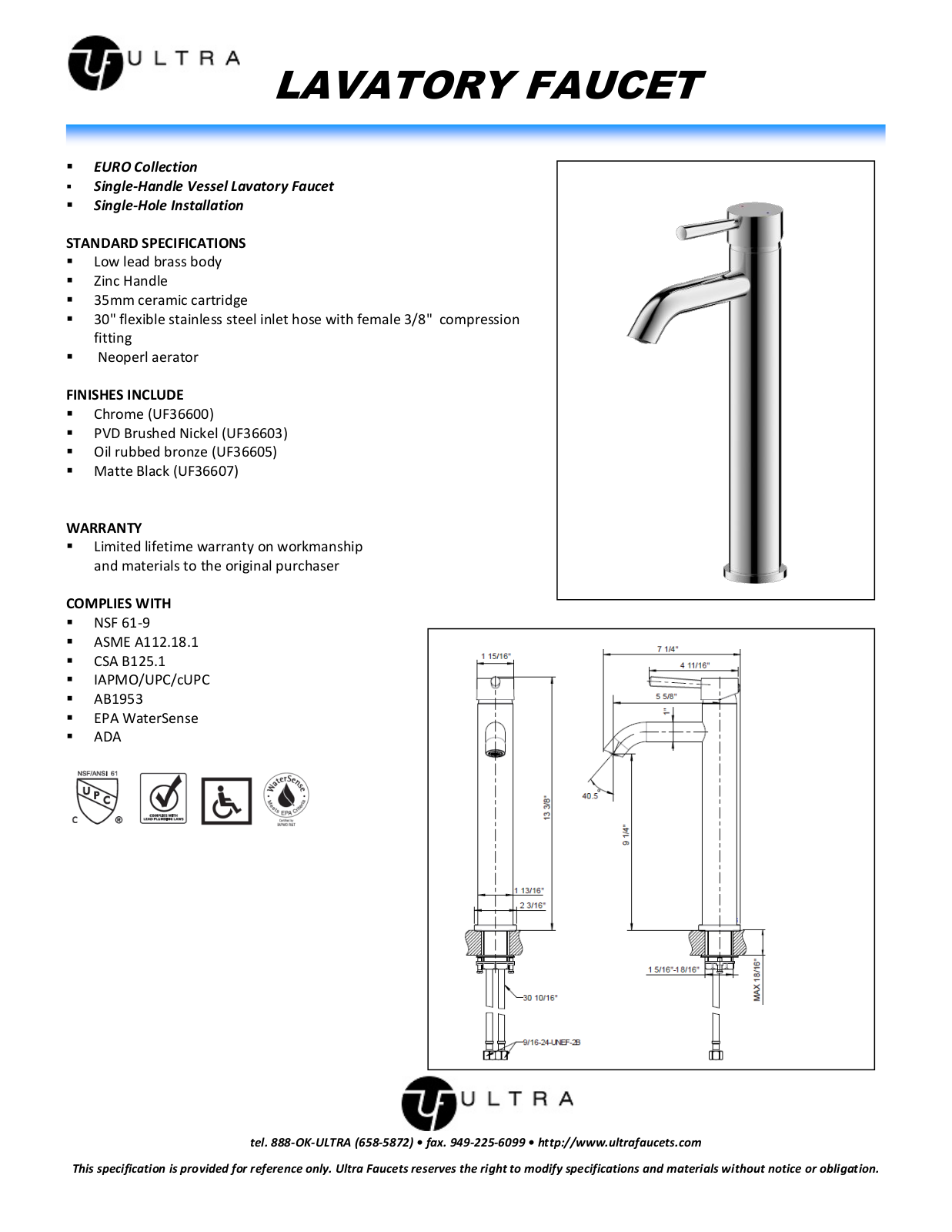 Ultra Faucets LTR10105 Specifications - ManualMachine.com