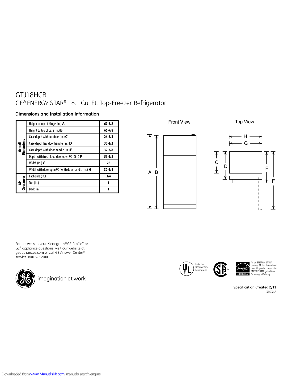 GE ENERGY STAR GTJ18HCBSA, ENERGY STAR GTJ18HCB Dimensions And Installation Information