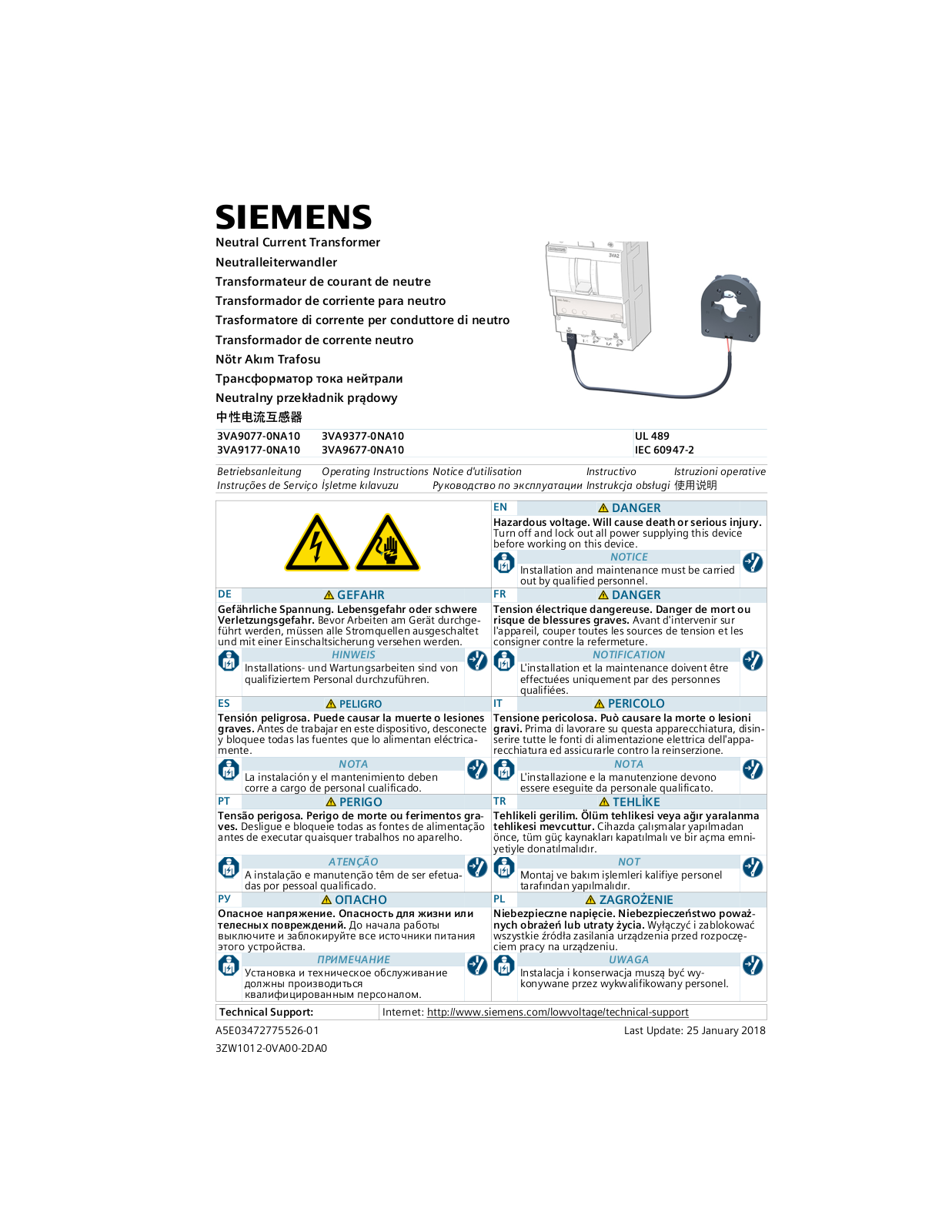 Siemens 3VA9077-0NA10, 3VA9177-0NA10, 3VA9377-0NA10, 3VA9677-0NA10 Operating Instructions Manual