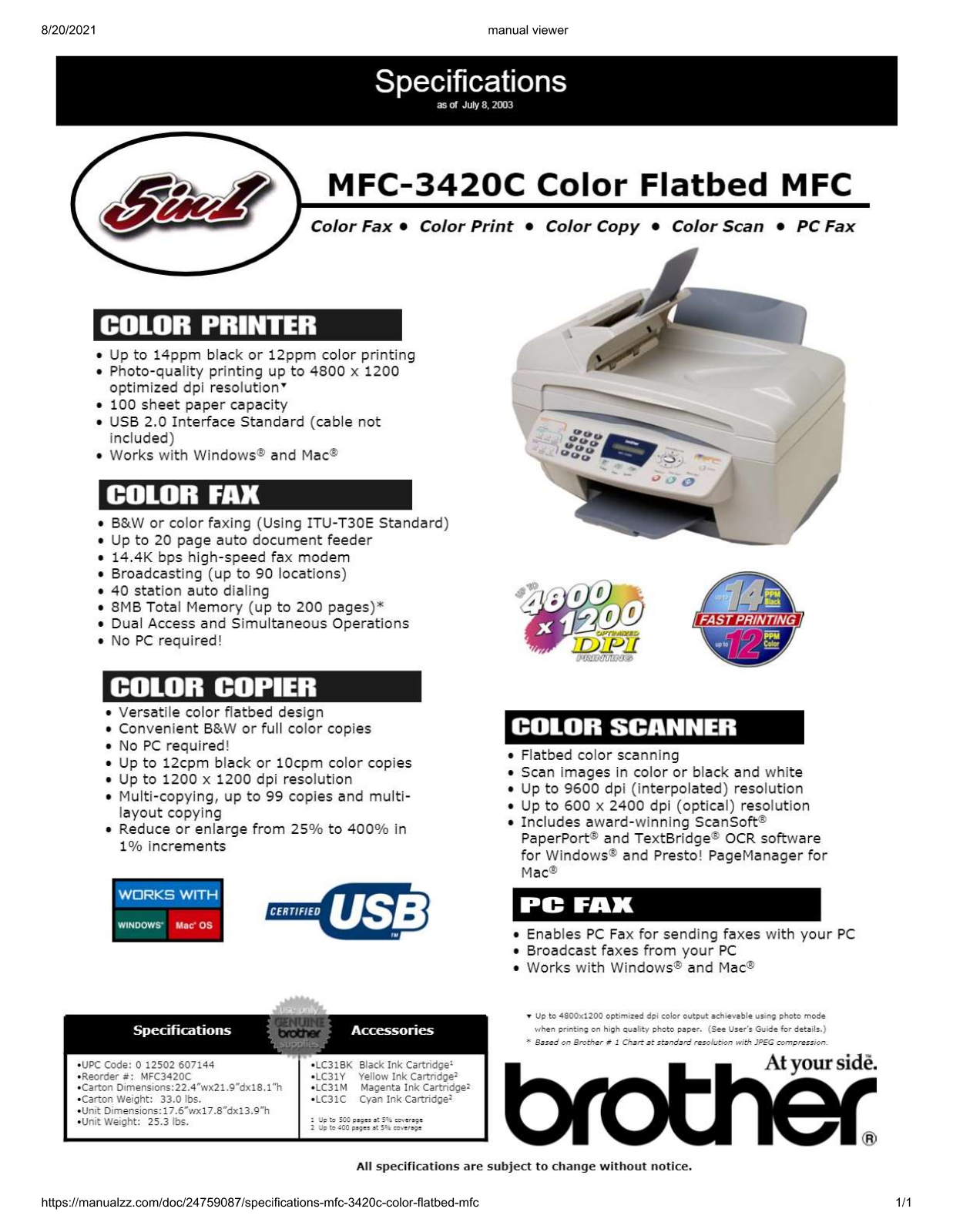 Brother mfc-3420c Datasheet