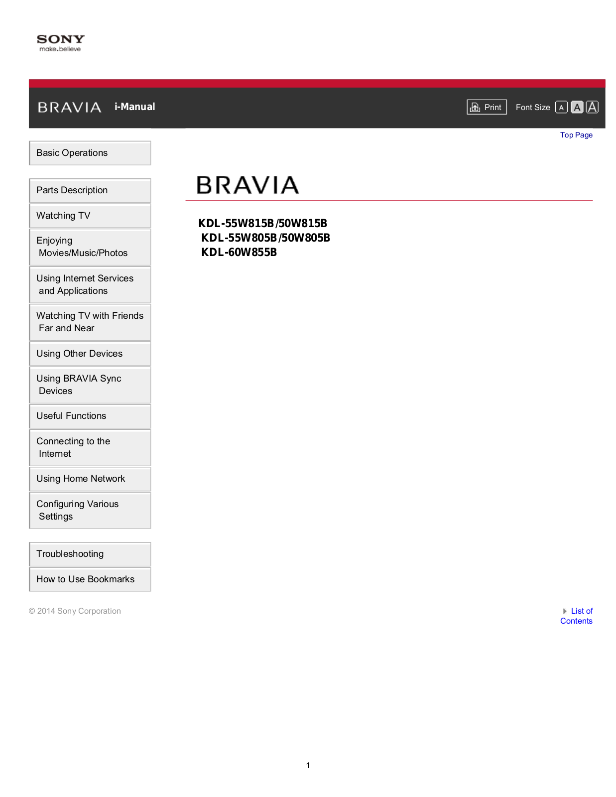 Sony KDL-60W855B, DL-55W815B, KDL-55W805B, DL-50W815B, KDL-50W805B User Manual