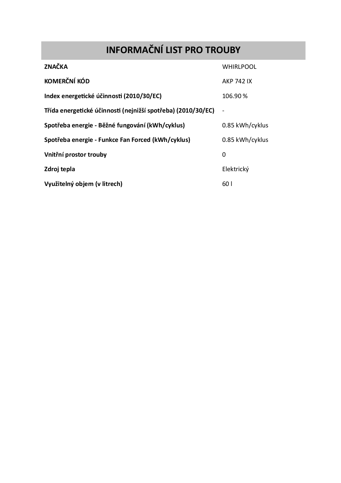 Whirlpool AKP742IX Information sheet