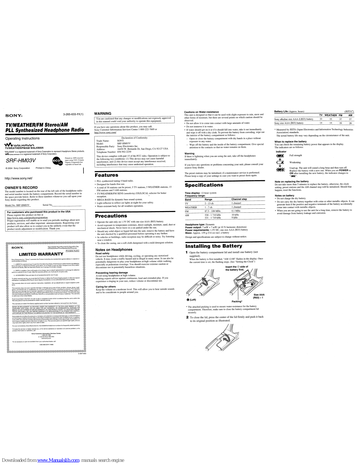 Sony Walkman SRF-HM03V Operating Instructions Manual