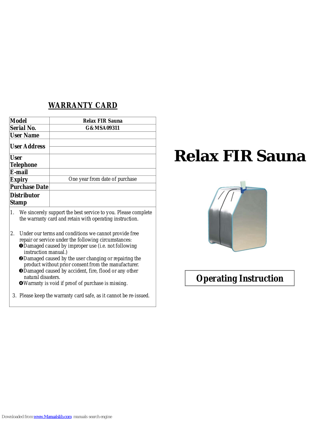 Momentum98 G&MSA09311, Relax FIR Sauna, CH-9008 Operating Instruction