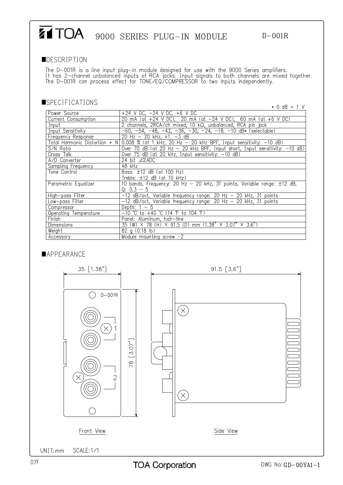 TOA D-001R User Manual