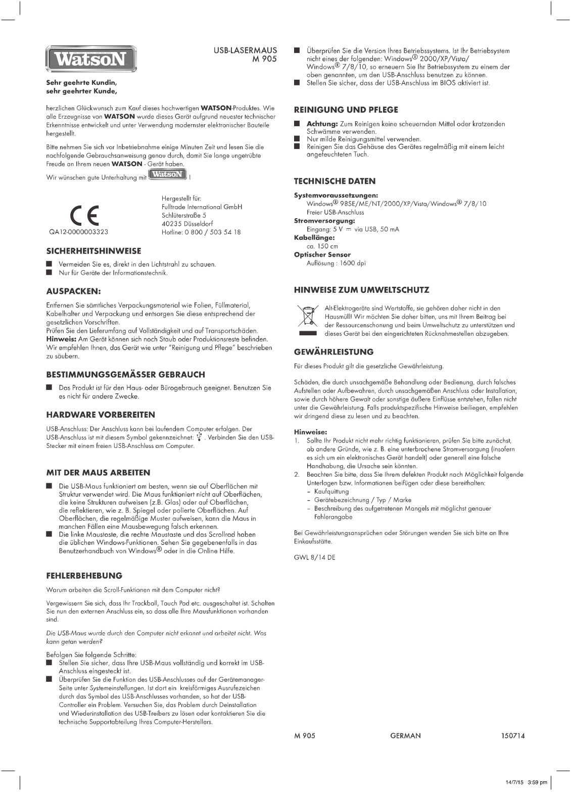 Watson M 905 User Manual