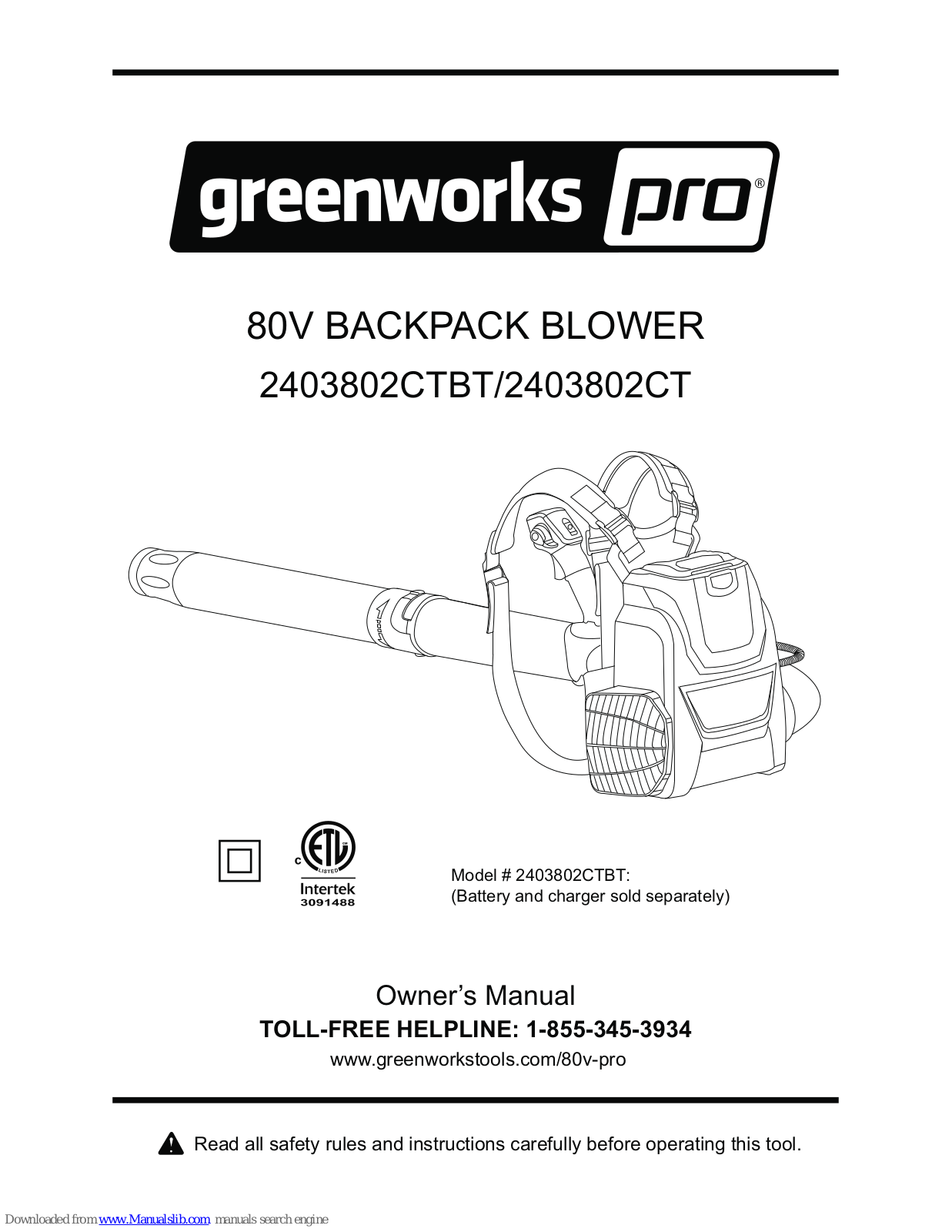 GreenWorks Pro 2403802CTBT, 2403802CT Owner's Manual