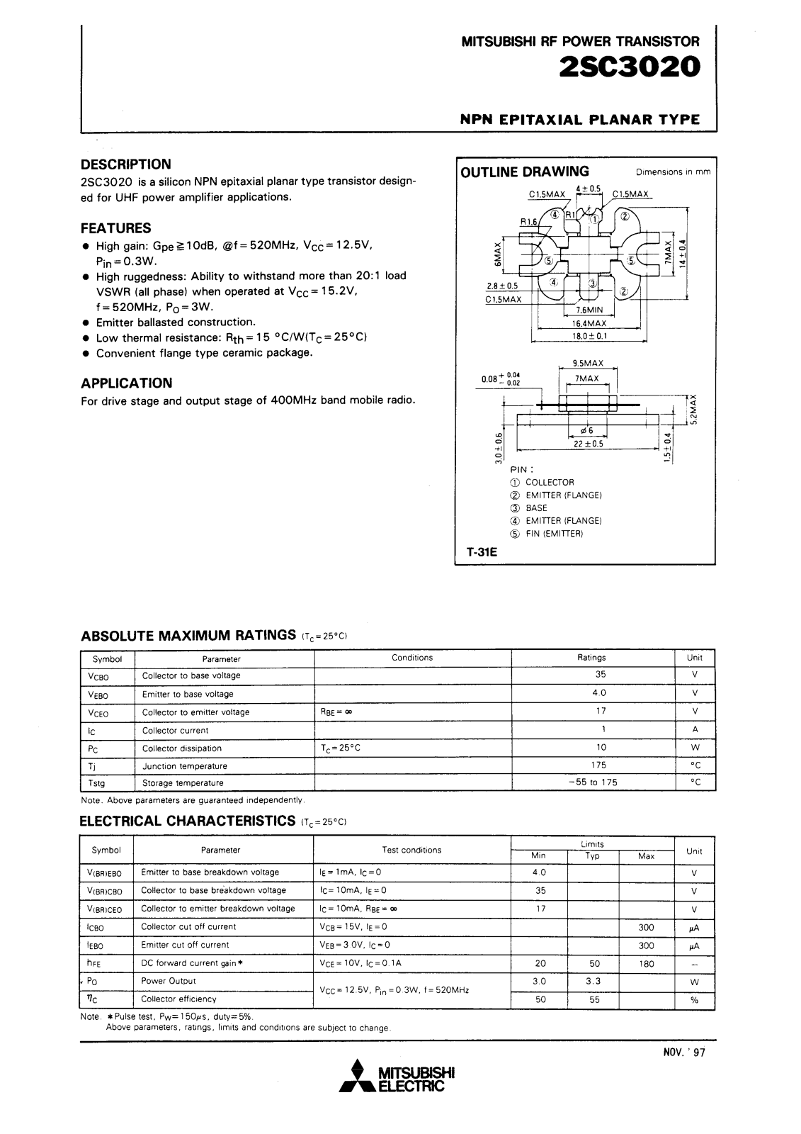 Mitsubishi Electric Corporation Semiconductor Group 2SC3020 Datasheet