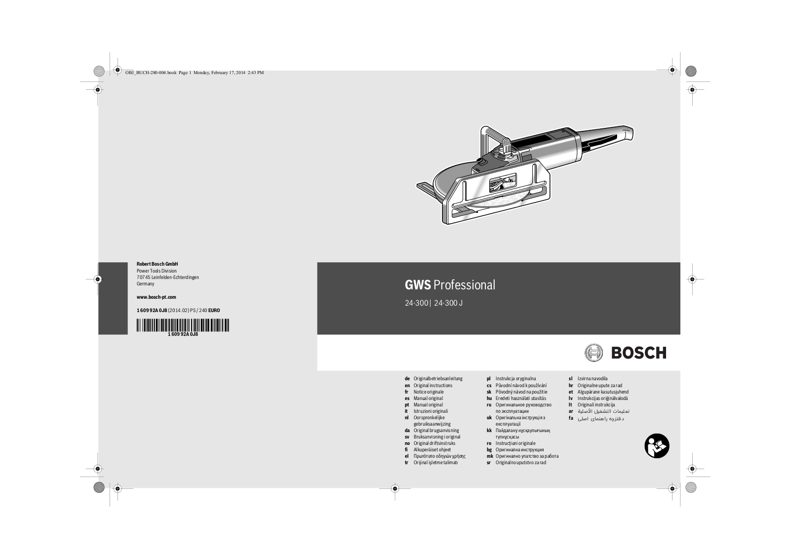 Bosch GWS 24-300 J PROFESSIONAL, GWS 24-300 PROFESSIONAL Original Instructions Manual