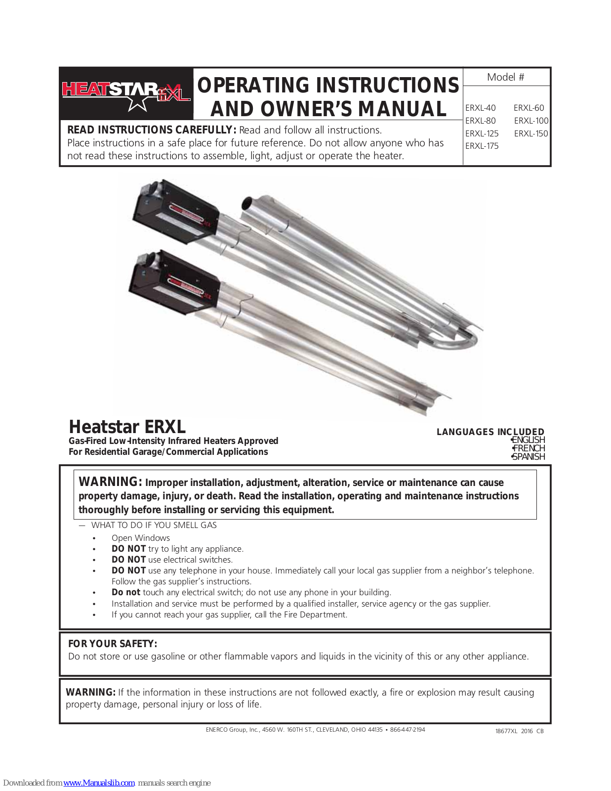 HeatStar ERXL-80, ERXL-40, ERXL-125, ERXL-175, ERXL-60 Operating Instructions And Owner's Manual