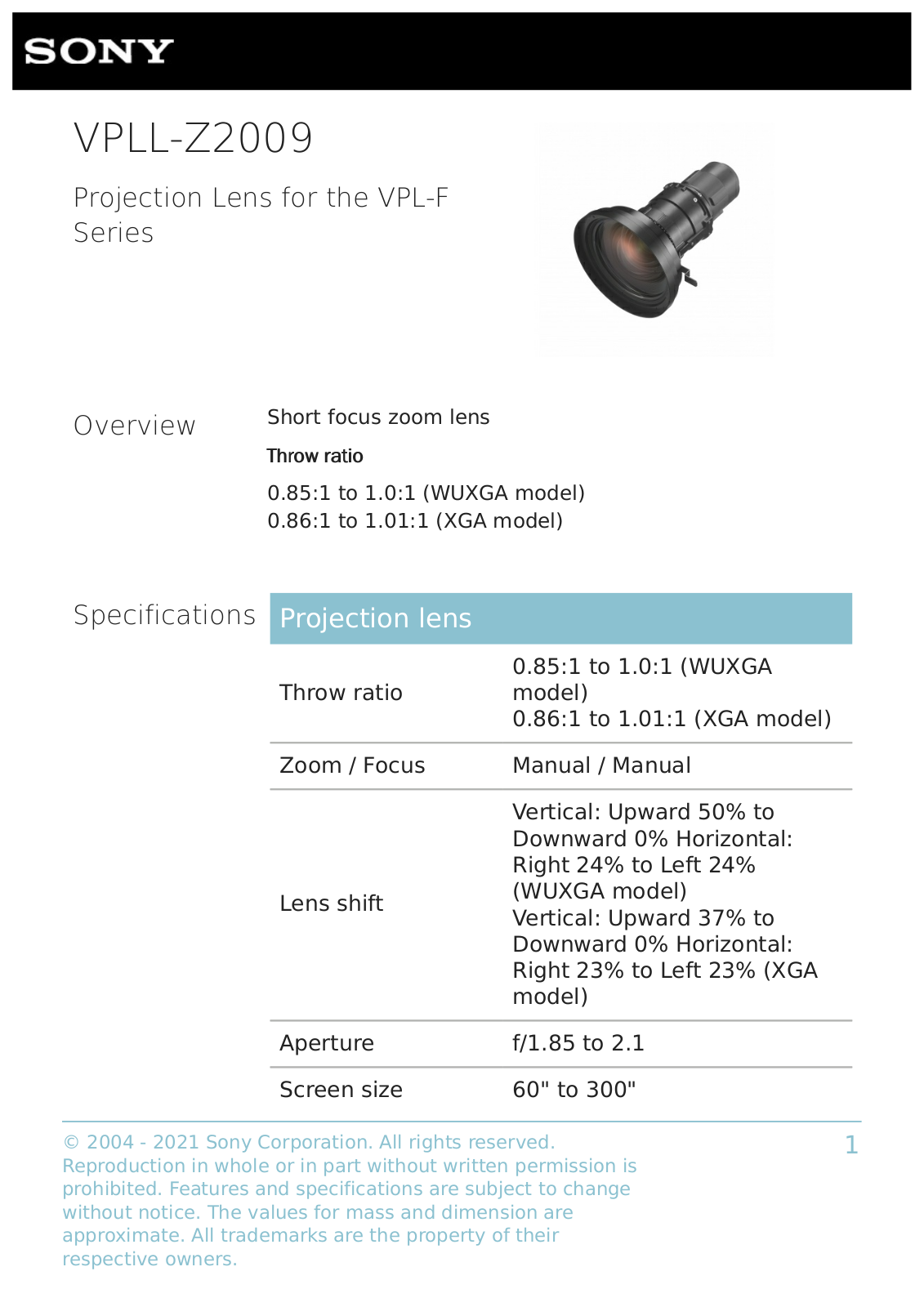 Sony VPLL-Z2009 TECHNICAL SPECIFICATIONS