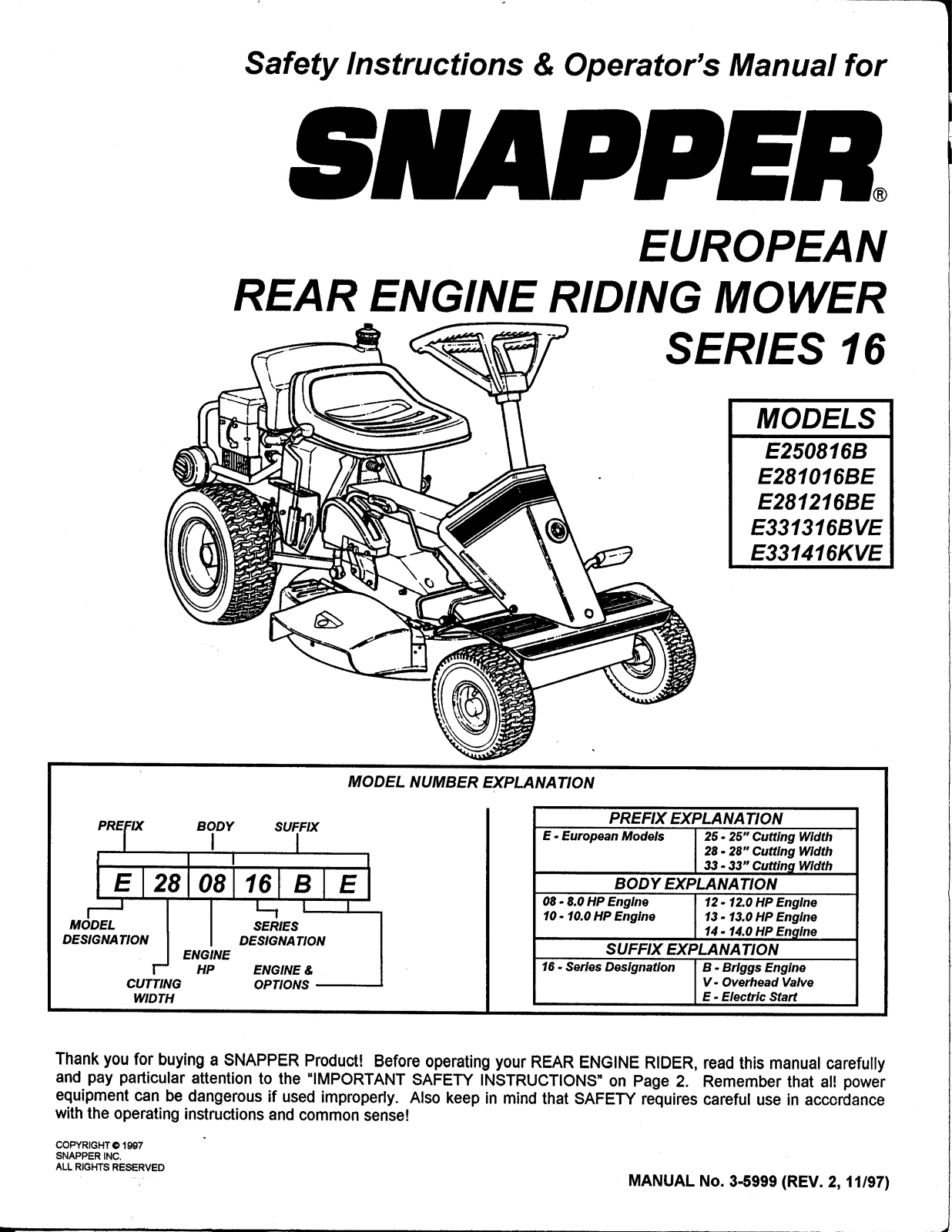 Snapper E250186B, E250816B, E281016BE, E281216BE, E331316BVE User Manual