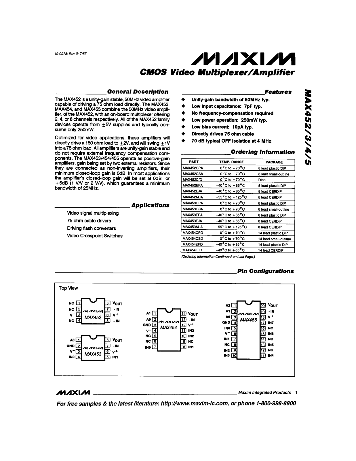 Maxim MAX454MJD, MAX454EPD, MAX454CSD, MAX455MJP, MAX455EPP Datasheet