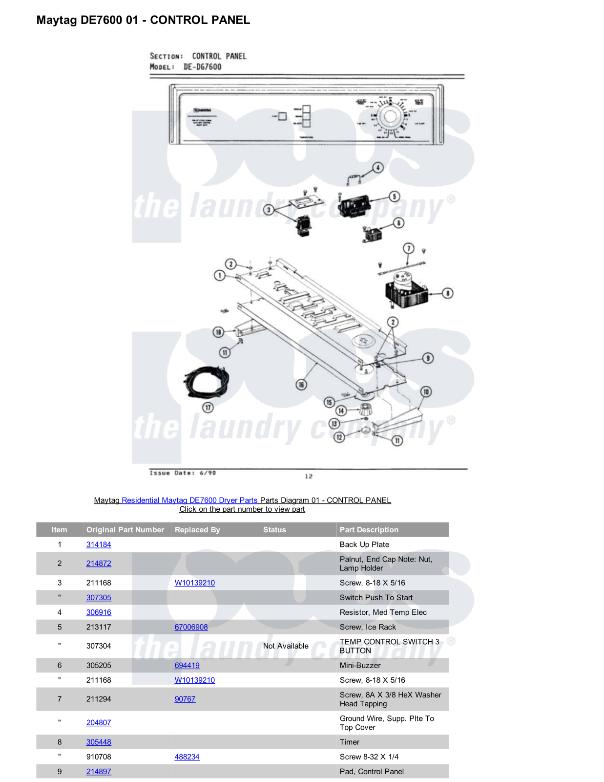 Maytag DE7600 Parts Diagram