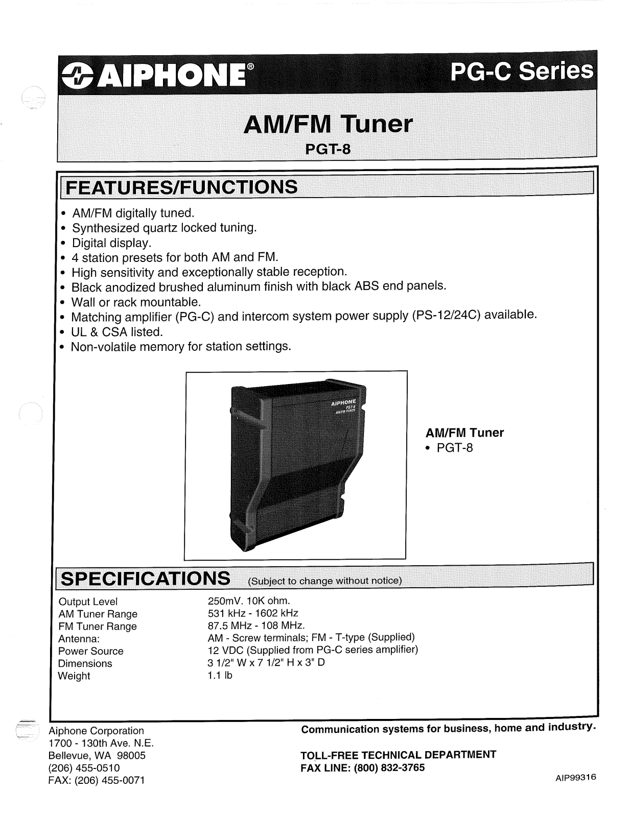 Aiphone PG-C, PGT-8 User Manual