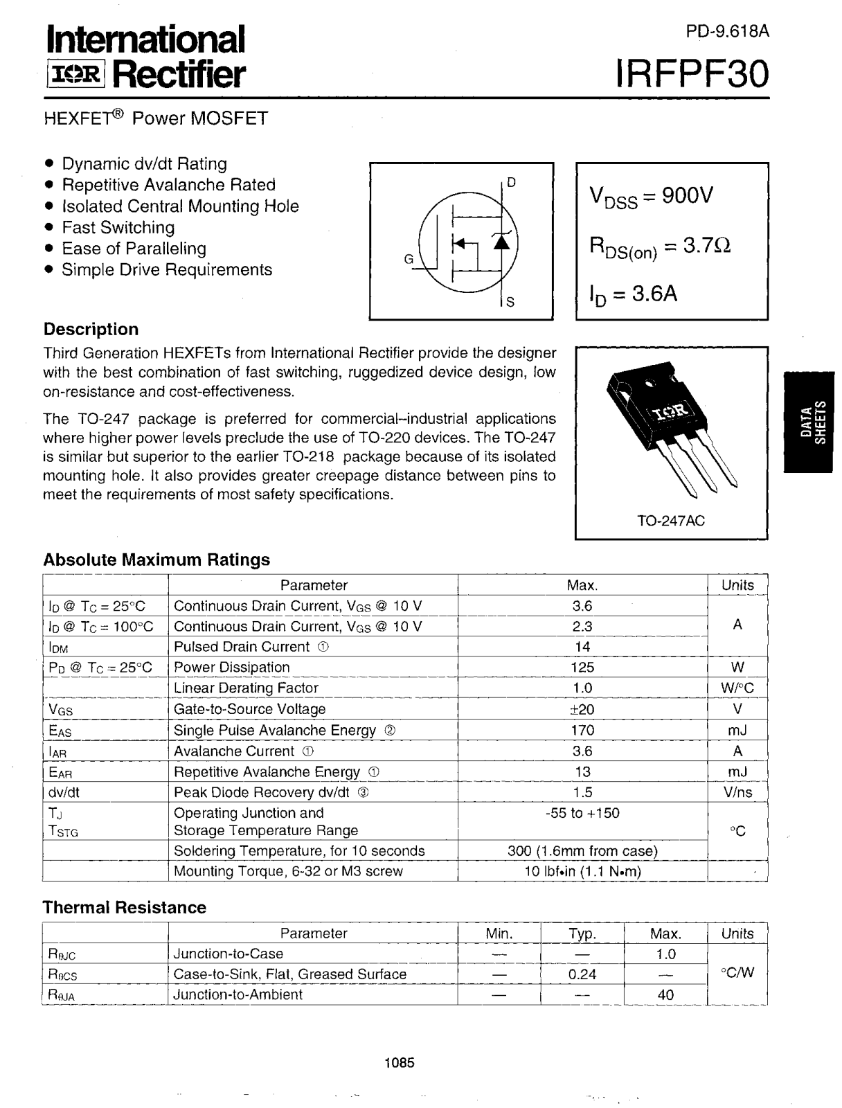 International Rectifier IRFPF30 Datasheet