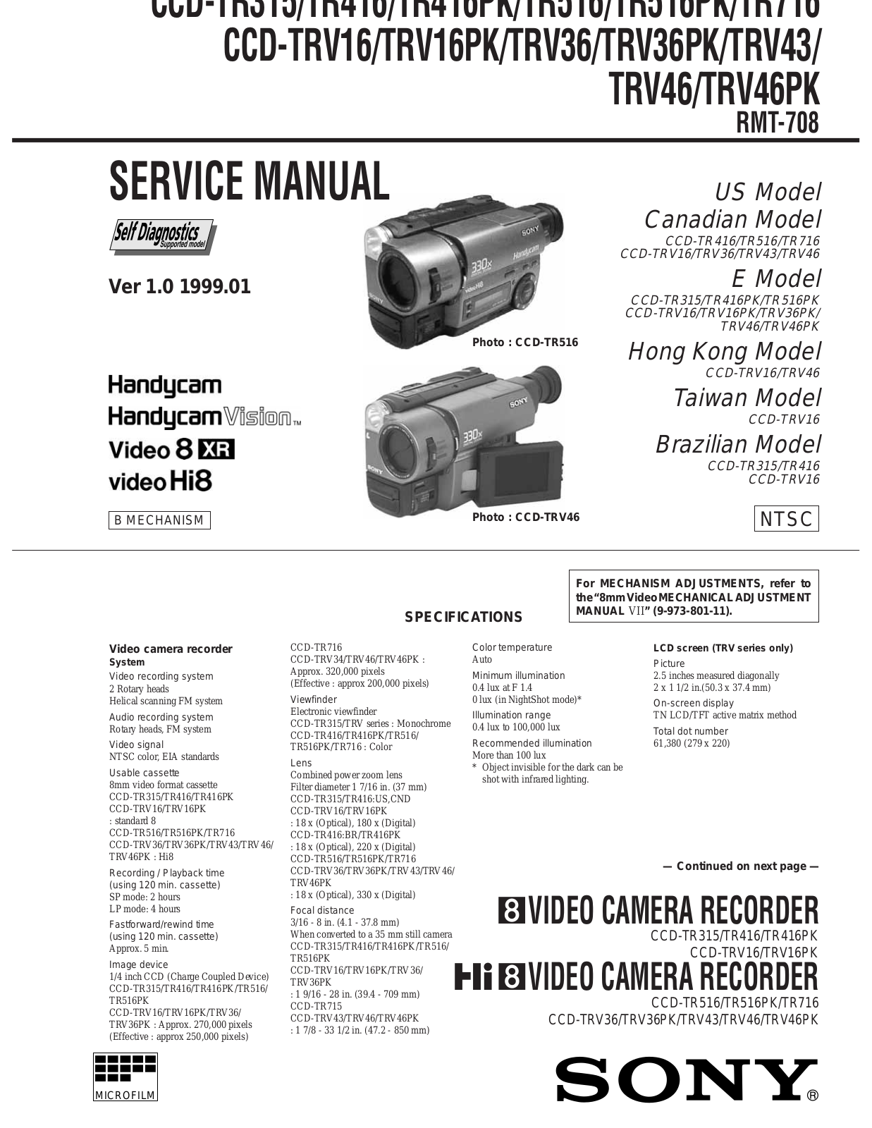 Sony CCD-TRV46PK, CCD-TRV46, CCD-TRV43, CCD-TRV36PK, CCD-TRV36 Service Manual